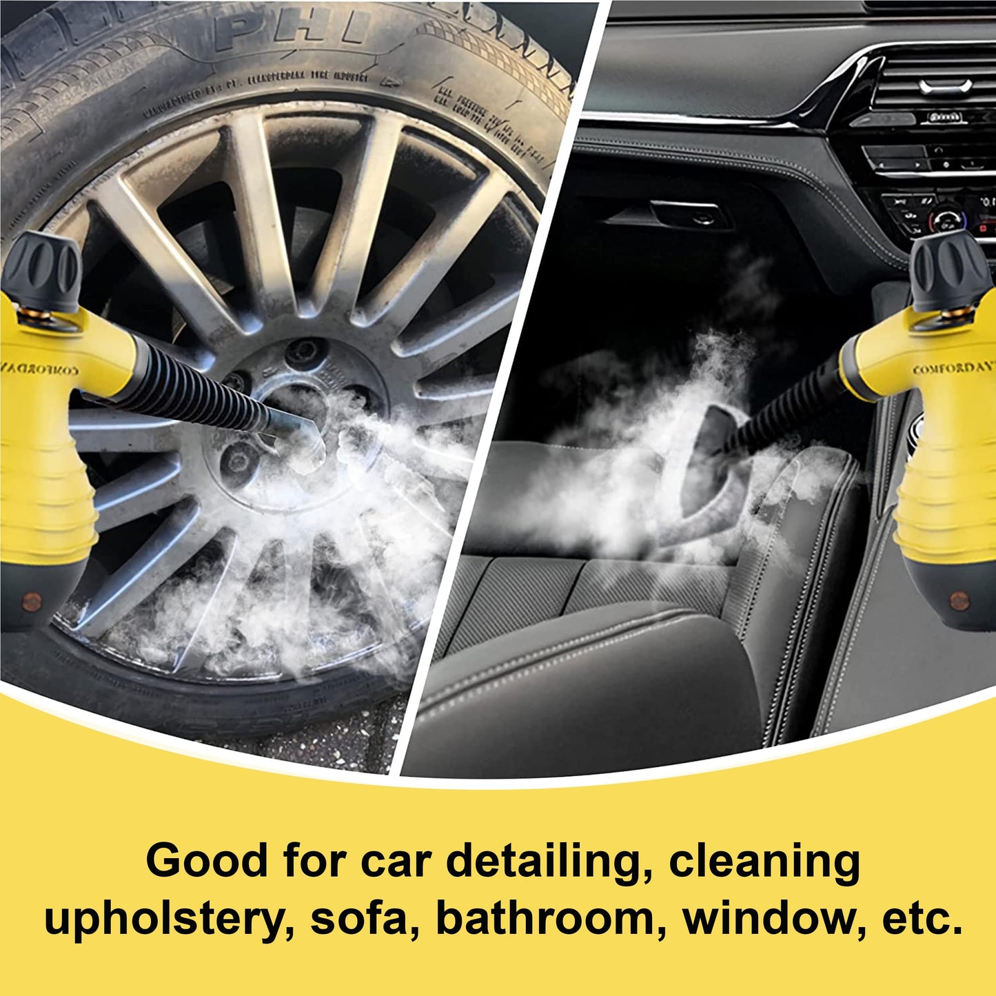 COMFORDAY Limpiador de Vapor de Mano, Limpiador de Vapores Portátil de Usos Múltiples con 9 Accesorios para Quitar Manchas, Alfombras, Cortinas, Asientos de Auto, Cocina, Chinches, Piso, Baño