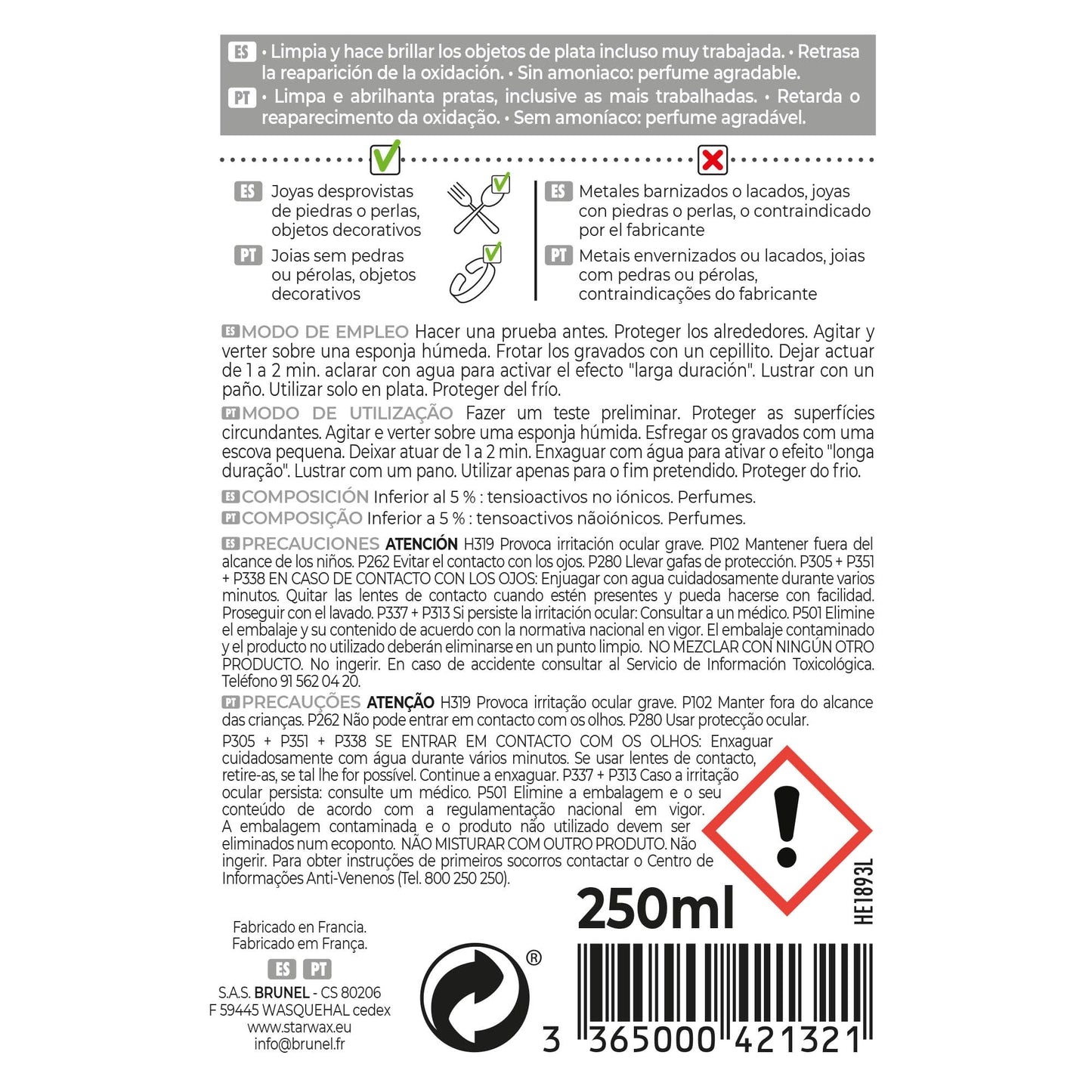 STARWAX - Limpiador Plata - Limpia y da brillo - Efecto larga duración - Retrasa la oxidación - Perfume agradable - No raya - Sin amoníaco - Fabricado en Francia - 250ml