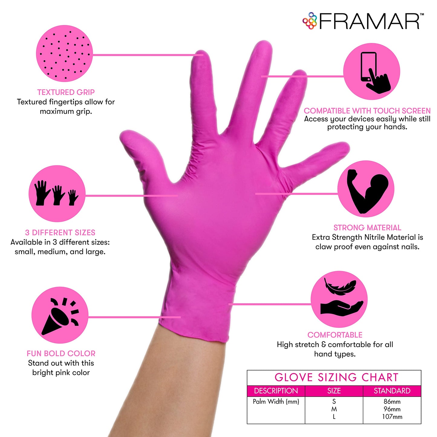 FRAMAR Guantes Nitrilo Rosa Medianos - Guantes Desechables Medianos, Guantes Limpieza, Guantes Mecánico, Guantes Cocina, Guantes Sin Látex Desechables, Guantes Tatuaje, Gants Nitrilo, Gants Jetables