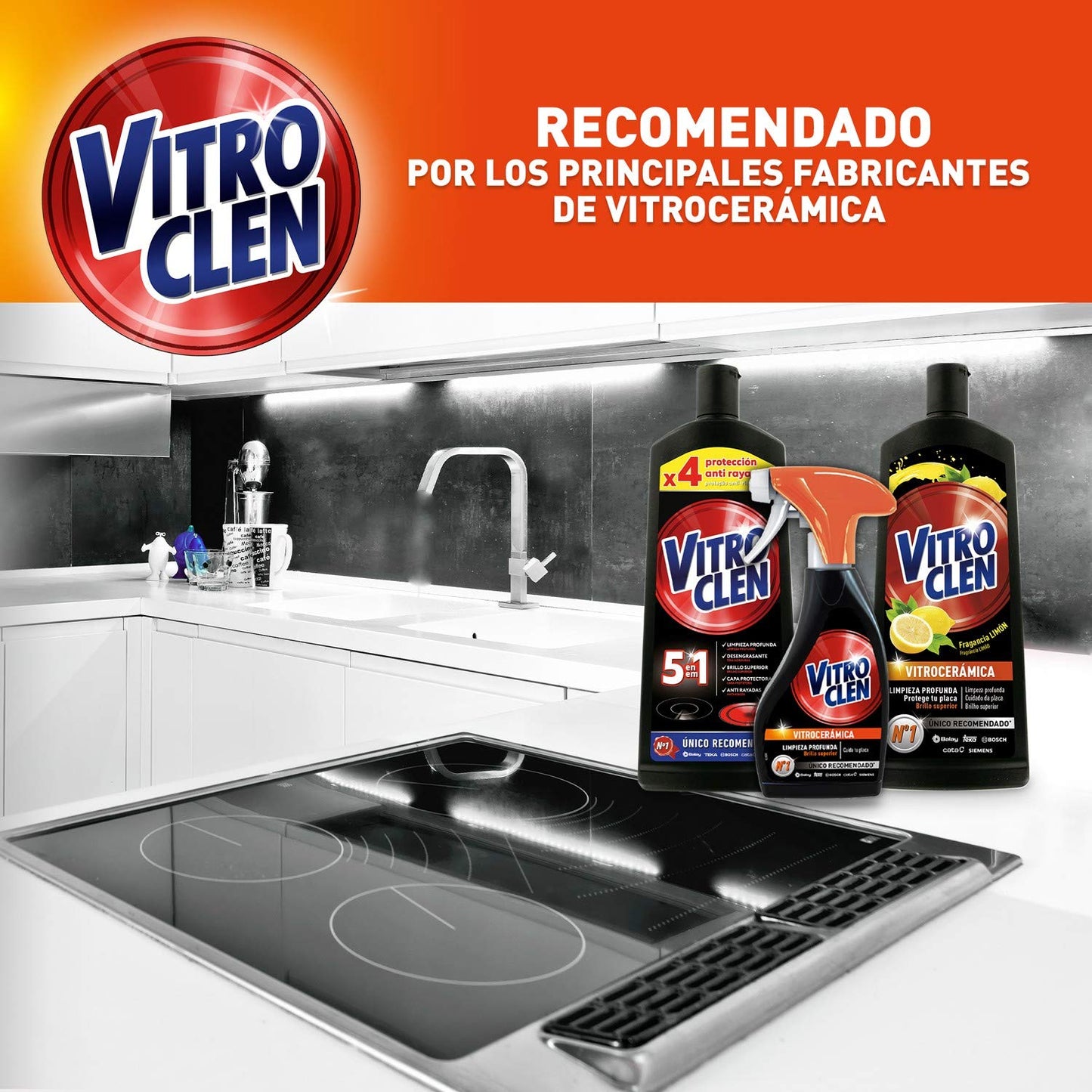 Vitroclen Limpiador de Vitrocerámica en crema, acción protectora y desengrasante - Pack de 4 x 450 ml