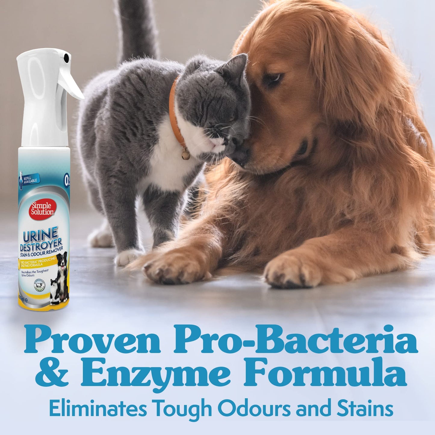 Simple Solution Nueva tecnología de pulverización, Destructor de orina Removedor de Manchas y olores para Mascotas con Poder de Limpieza Pro-bacterias - 400ml