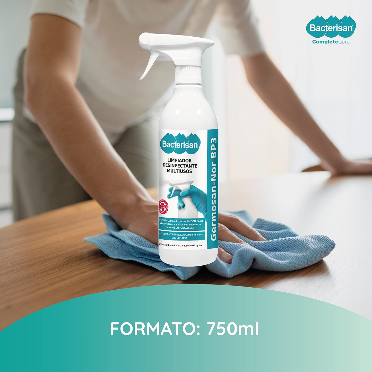 BACTERISAN Germosan Nor BP3, Desinfectante Multiusos Triple Acción, Elimina El 99,95 De Virus, Gérmenes Y Bacterias De Todo Tipo De Objetos Superficies Y Textiles, 750ml