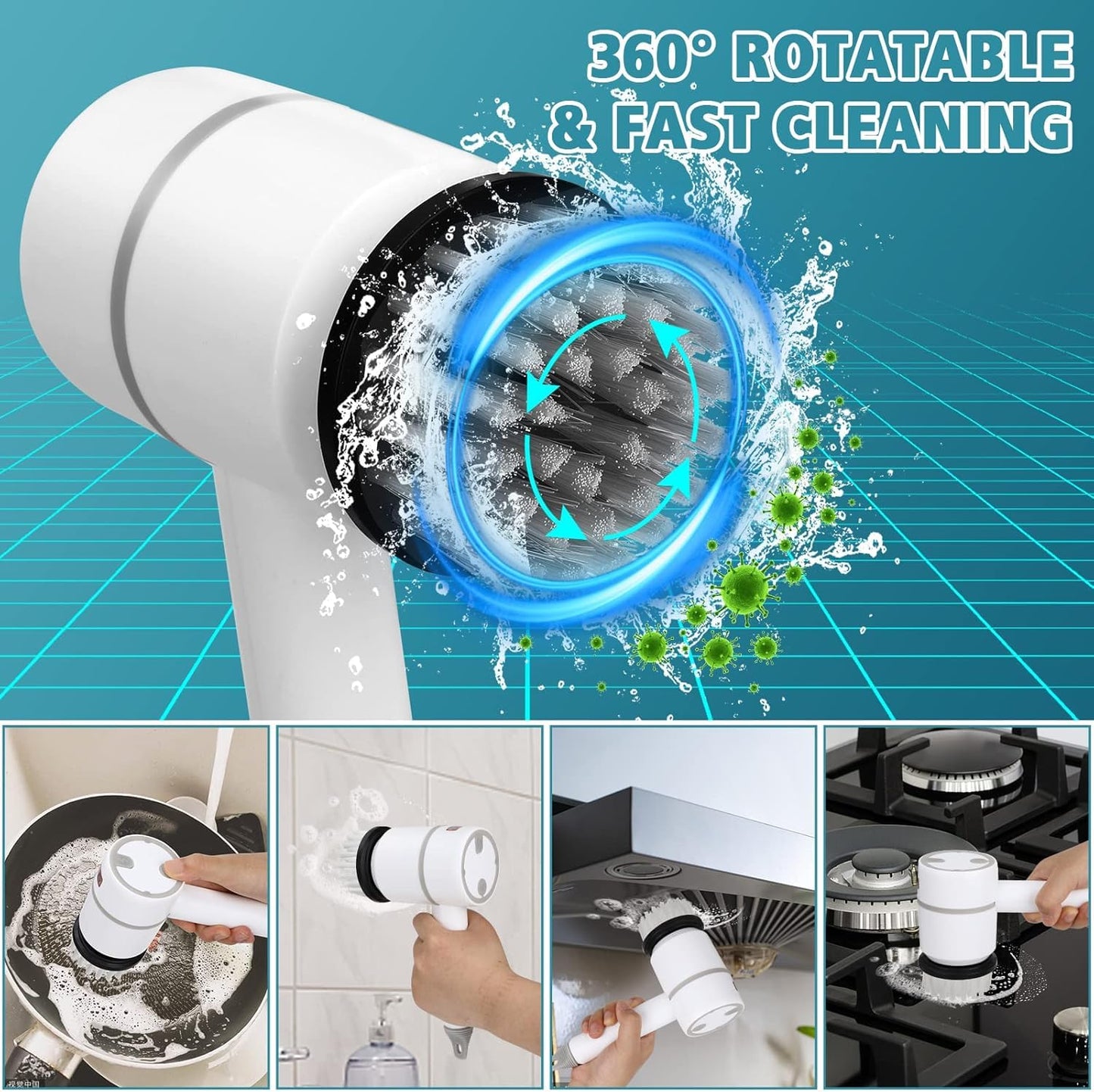 Cepillo Eléctrico Limpieza Multiusos | Kit Completo 6 Cabezales | Cocina, Baño, Lavabo, Suelos, Ruedas | Recargable, Giratorio, Portátil, Resistente
