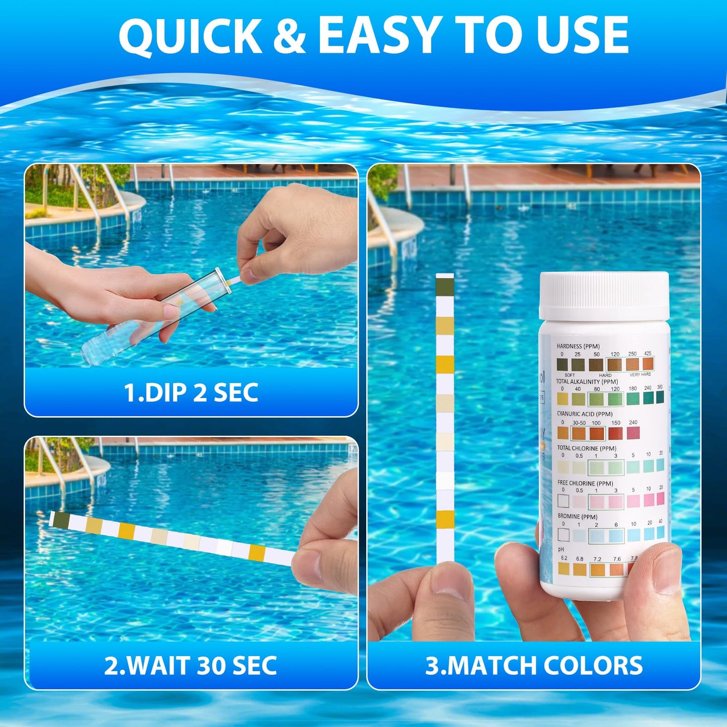 Accevo 7 en 1 Tiras de Prueba para Piscina y Spa, Kit de Prueba para 100 Piscinas, Tiras de Prueba para pH, Cloro Total, Alcalinidad Total, Dureza, Cloro Libre, Bromo, Acido Cianurico