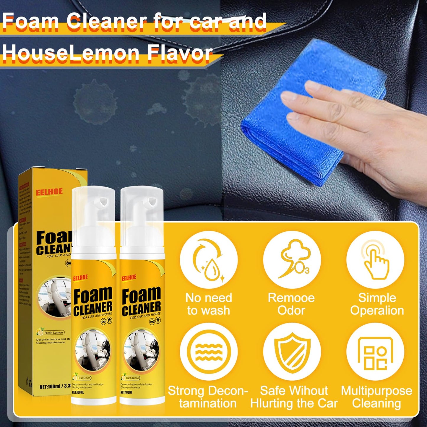 Qooloo Car Magic Foam Cleaner (100 ml, 2 uds),Multipurpose Foam Cleaner Spray,Powerful Stain Removal Kit for Car And Kitchen,Leather Decontamination