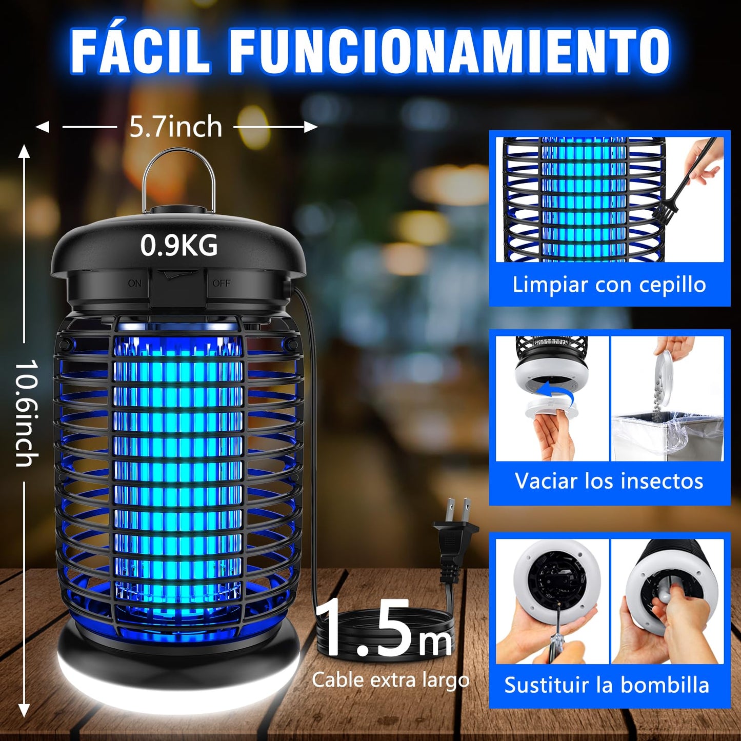 seenlast Lámpara Antimosquitos Electrico, Mata Mosquitos Electrico 4200V 15W UV Lampara Mosquitos, Atrapa Mosquitos con LED,IPX4 Impermeable,Area Efectiva 80-140m² para Interior y Exterior