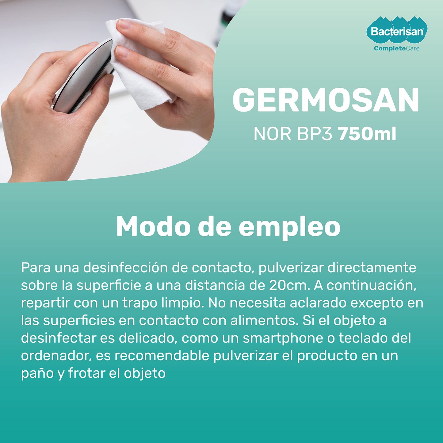 BACTERISAN Germosan Nor BP3, Desinfectante Multiusos Triple Acción, Elimina El 99,95 De Virus, Gérmenes Y Bacterias De Todo Tipo De Objetos Superficies Y Textiles, 750ml