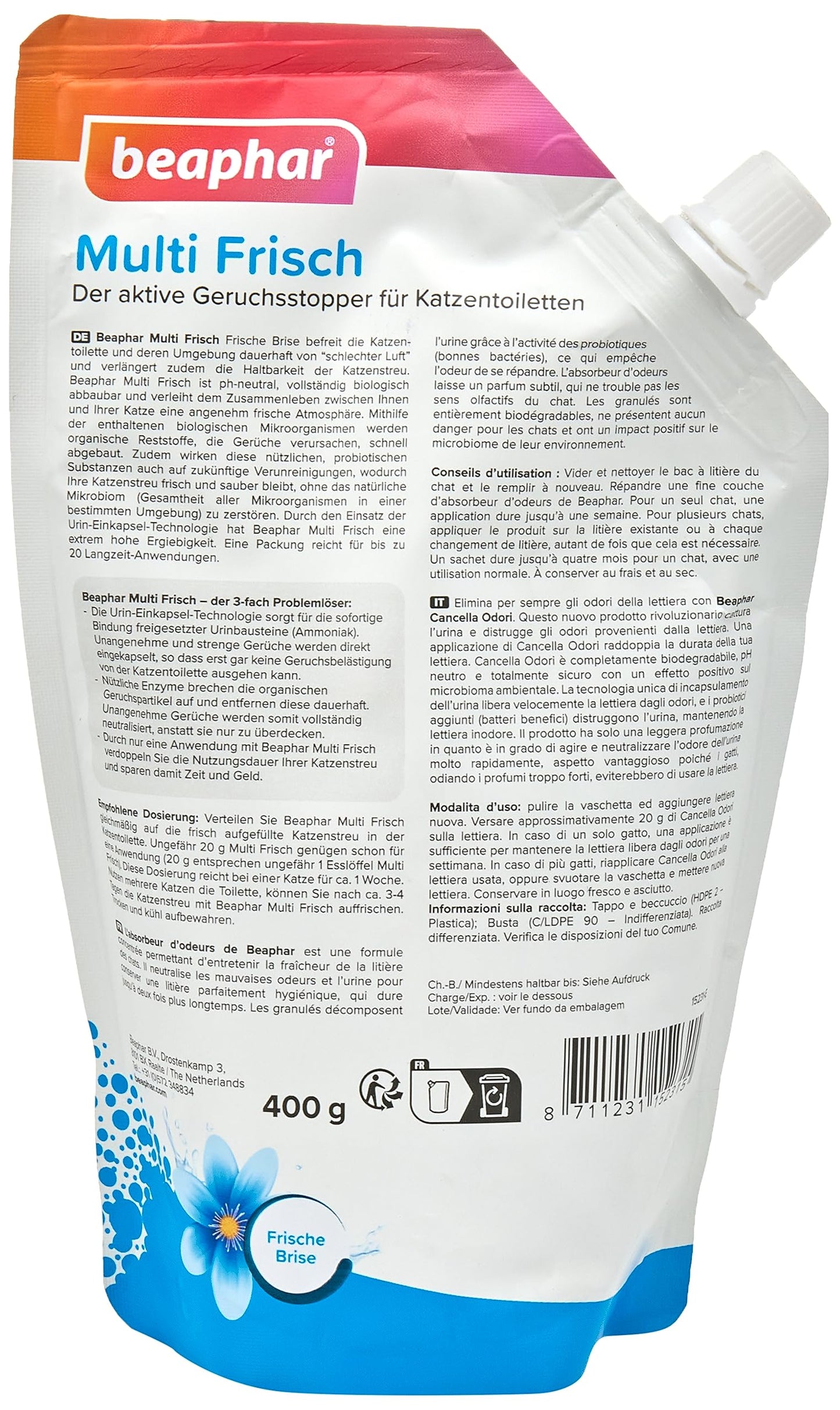 Beaphar Multi Fresco – neutralizador de olores para Gatos – Prolonga la Vida útil de la Arena para Gatos – Fragancia después de la Brisa Fresca – 400 g