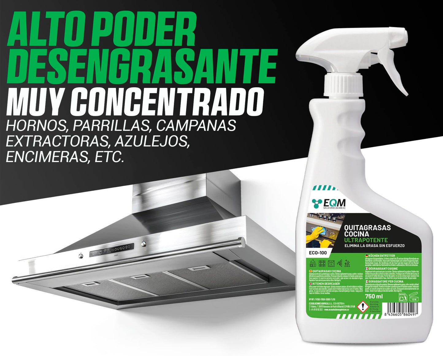 EQM - ECO-100 - Desengrasante Concentrado para Cocinas - 750 ML - Disuelve todo tipo de grasas, incluso las más rebeldes - Altamente eficaz - Superficies siempre limpias y cuidadas
