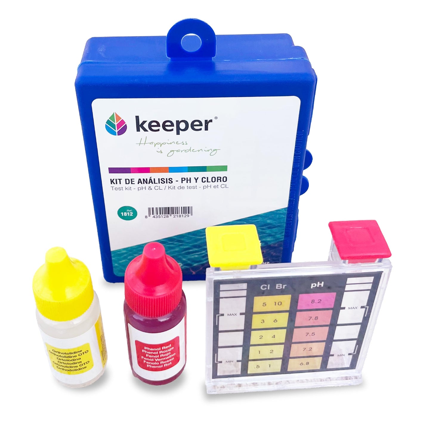 SIQUA Pack Dosificador de Cloro y Medidor Cloro y pH Piscinas – Pack Mantenimiento Piscinas con Medidor y Dispensador de Cloro – Gotas Reactivas Phenol Red y OTO – Dosificador Fabricado en España