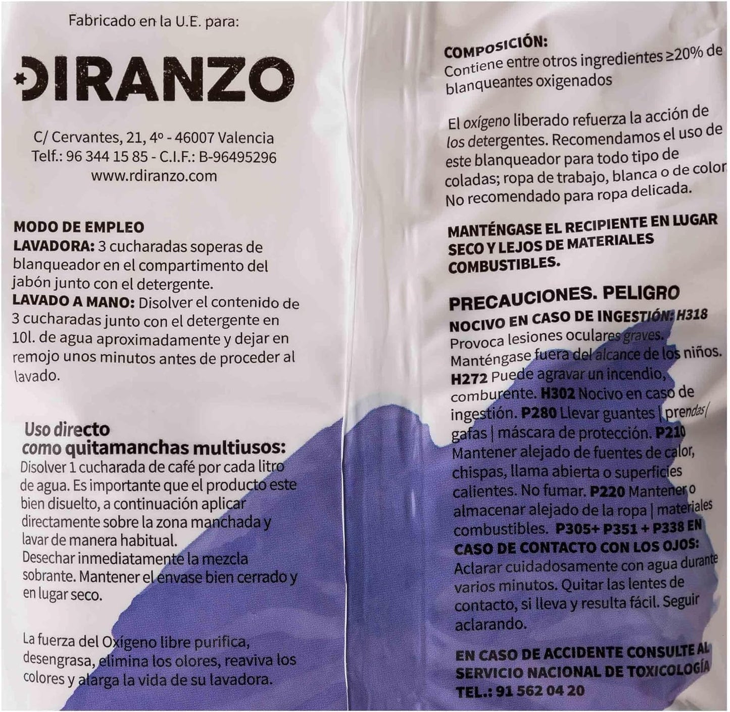 FAMILYCOM. Percarbonato Blanqueador Diranzo 750g. 100% Puro, Quitamanchas, Higienizante.
