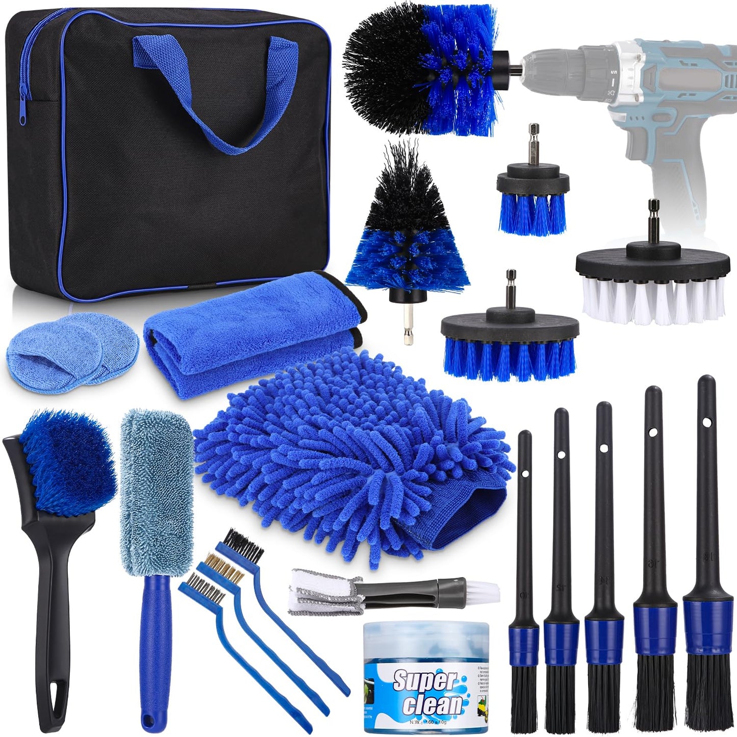 Kit Limpieza Coche, Práctica Bolsa de Transporte Incluida,30 Piezas Cepillo Limpieza Coche,Kits de Limpieza para la Limpieza del automóvil,Kit Detailing Coche, Incluye Cabezal, paño de Limpieza, etc.