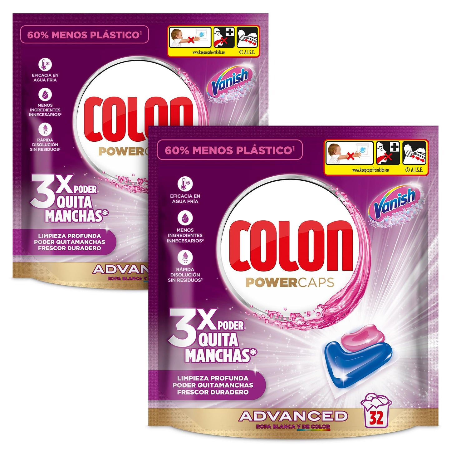 Colon Vanish Advanced Detergente para lavadora con quitamanchas, adecuado para ropa blanca y de color, Formato cápsulas - 32 Unidad (Paquete de 2)