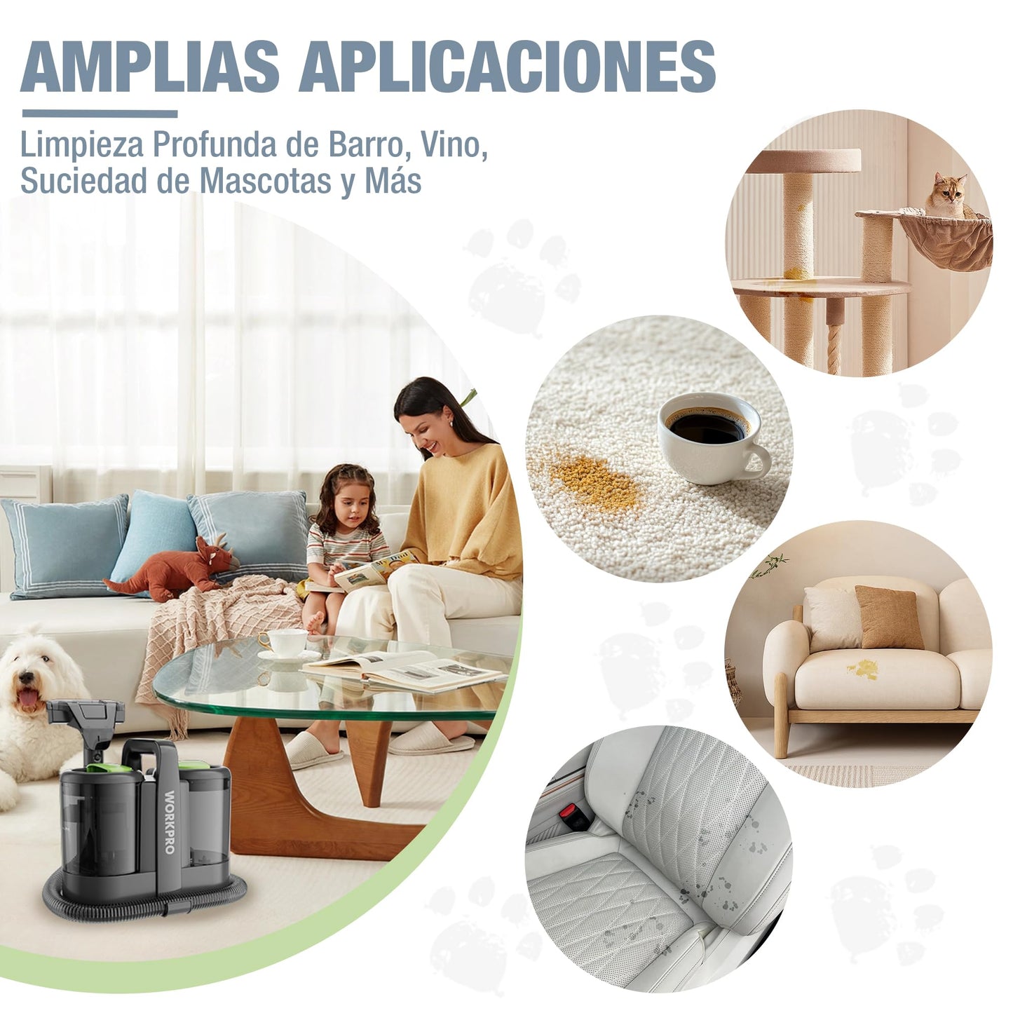 WORKPRO Aspiradora de Agua Tapiceria, Limpiador de Tapicerias de 450W, Aspiradora para Alfombras con Detergente, Limpia Moquetas, Maquina Aspirador para Tapicerias, Sofá, 75 dB