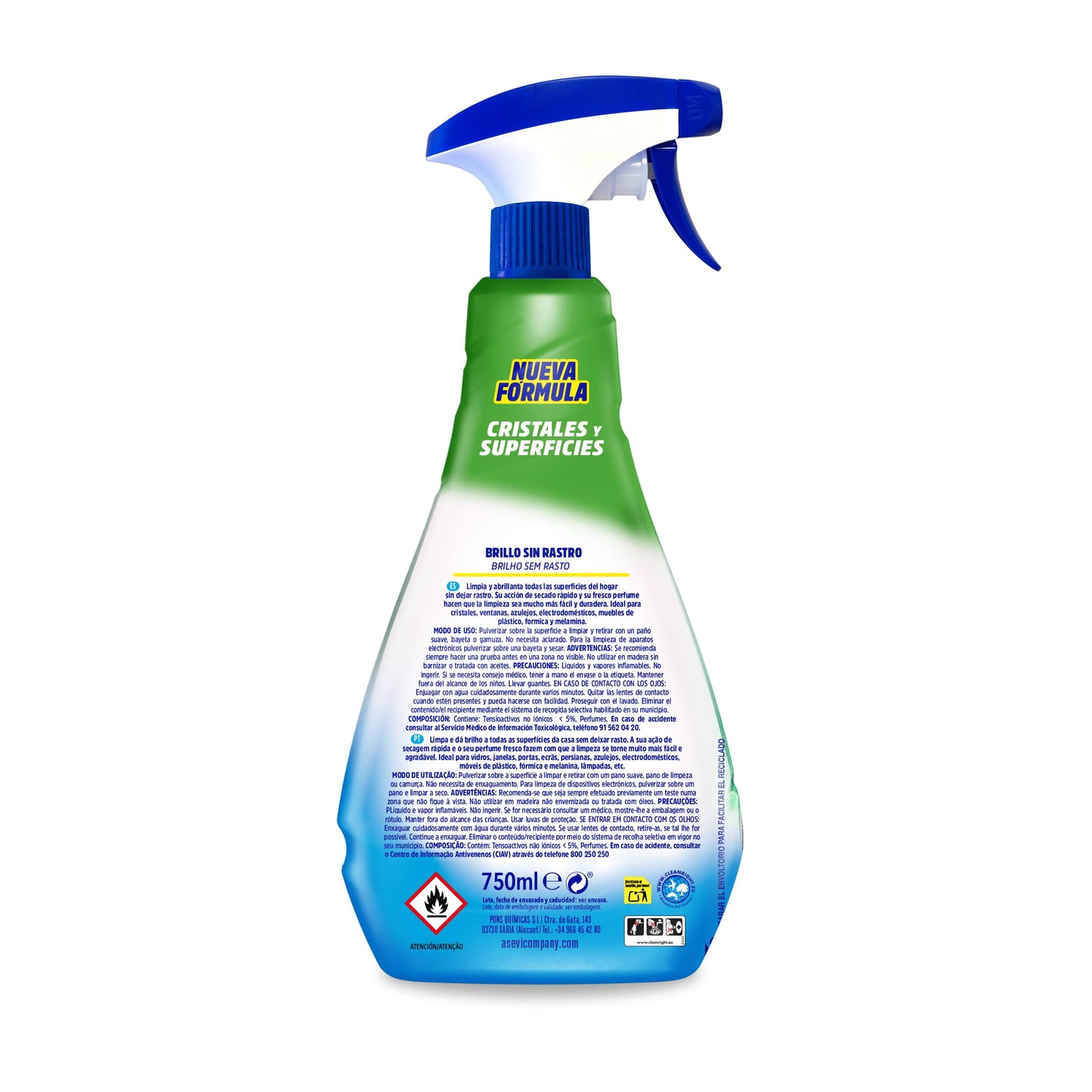 Asevi Limpiador Multiusos y Cristales - Limpia y Abrillanta - Gran Variedad de Superficies - Sin Rastro de Manchas - Secado Rápido - Aroma Fresco - Fácil Aplicación - Con Spray - Envase de 750 ml