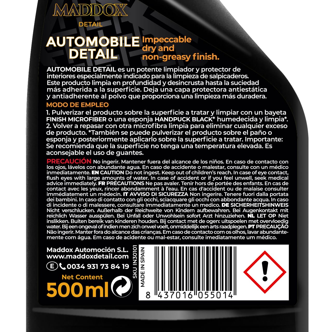 Maddox Detail -Automobile Detail 500ml | Limpiador de Salpicaderos Coche Efecto Satinado |Hidratante y Protector Interior|Limpia Salpicadero Coche Anti-Polvo|Limpiasalpicaderos de Coche y Restaurador.