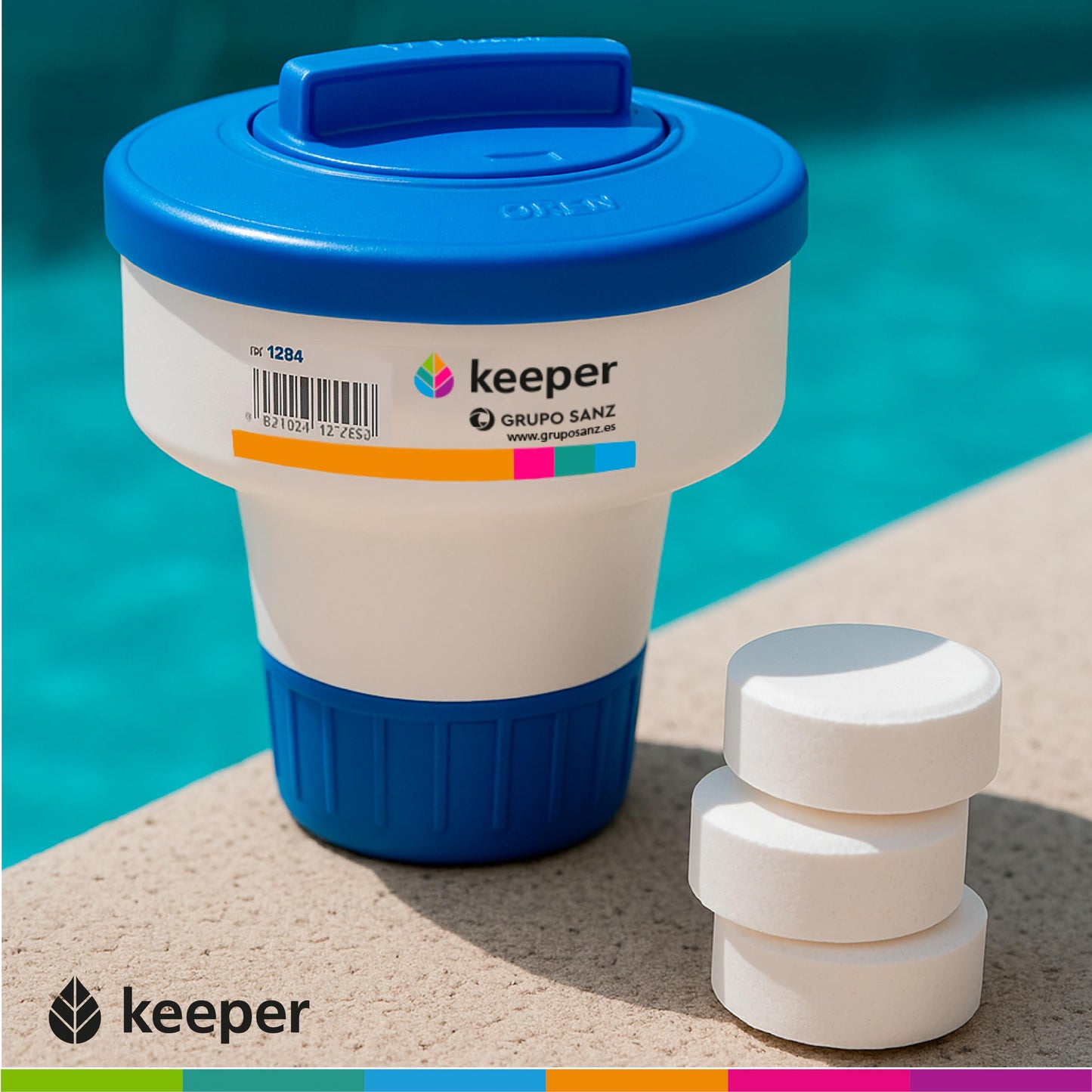 Dispensador de Cloro Piscina Flotante - Dosificador Ajustable, Mediano para Piscina. Capacidad para Pastillas de 200 g. Flotador para Piscinas, Spas y Jacuzzis. Fabricado en España
