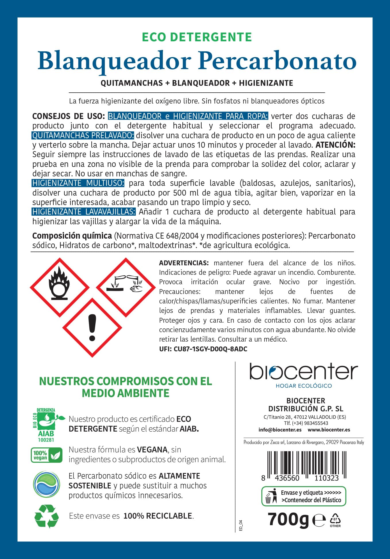 BIOCENTER - Percarbonato puro y certificado ecológico - Blanqueador natural para la ropa, Quitamanchas, Higienizante -100% biodegradable