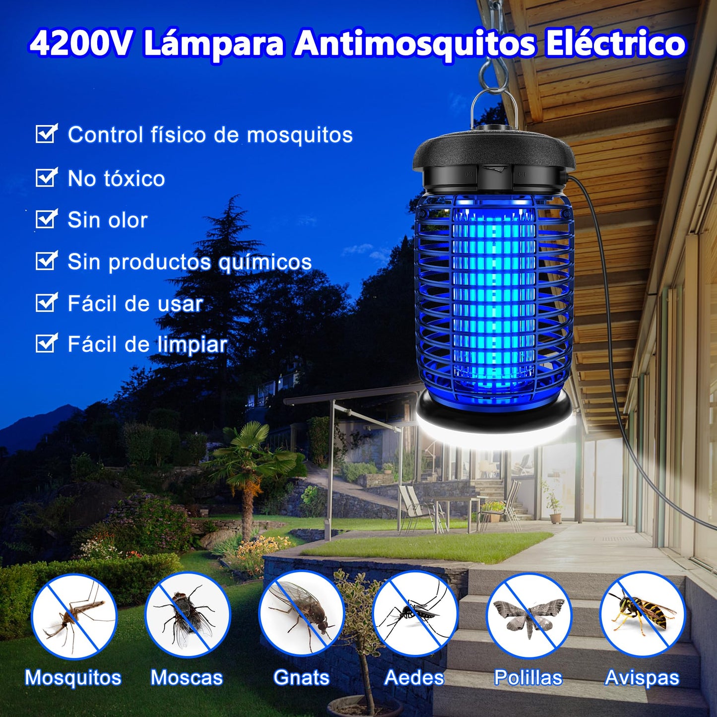 seenlast Lámpara Antimosquitos Electrico, Mata Mosquitos Electrico 4200V 15W UV Lampara Mosquitos, Atrapa Mosquitos con LED,IPX4 Impermeable,Area Efectiva 80-140m² para Interior y Exterior