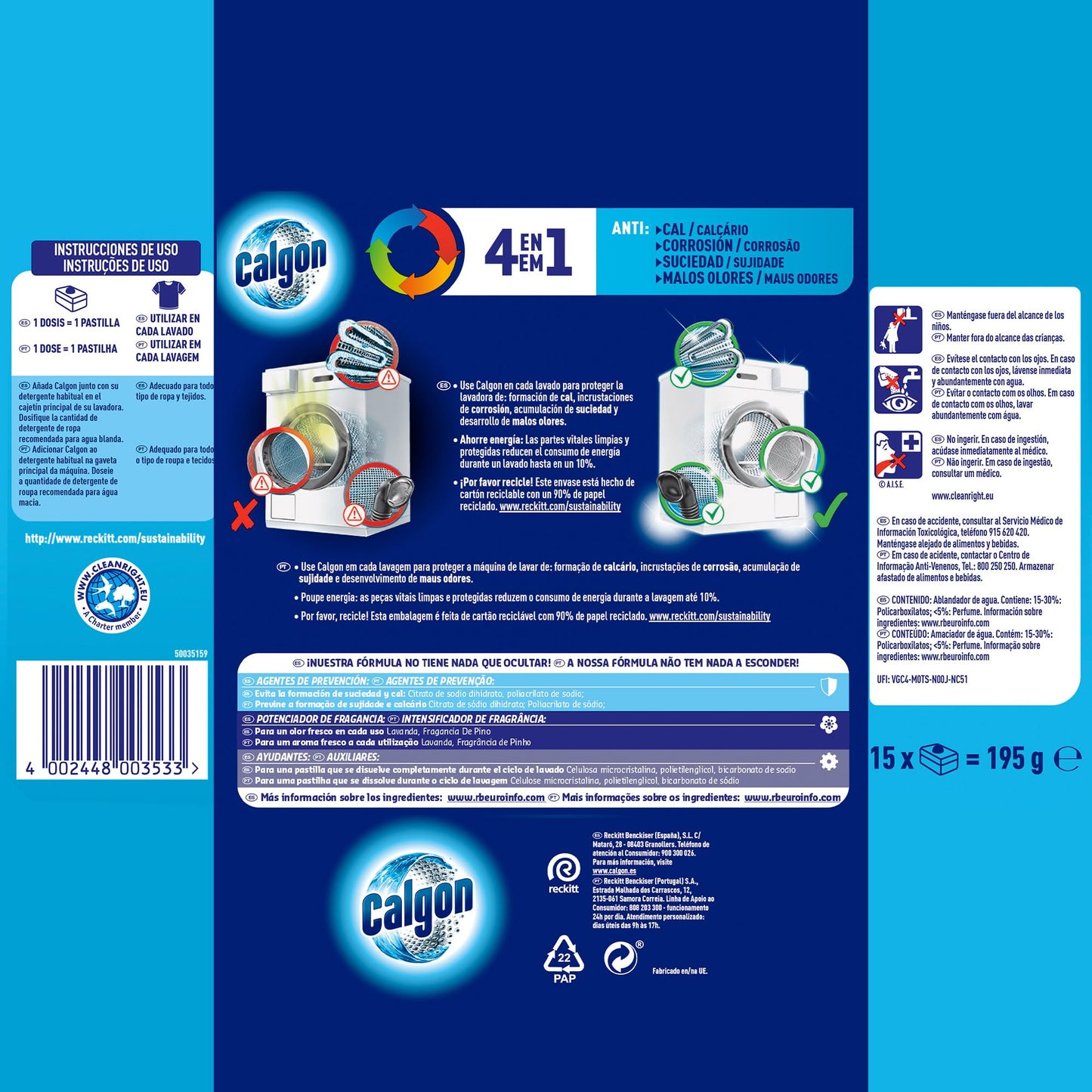 Calgon Powerball Pastillas - Antical para la Lavadora, Elimina Olores y Suciedad, en formato pastillas, 15 unidades