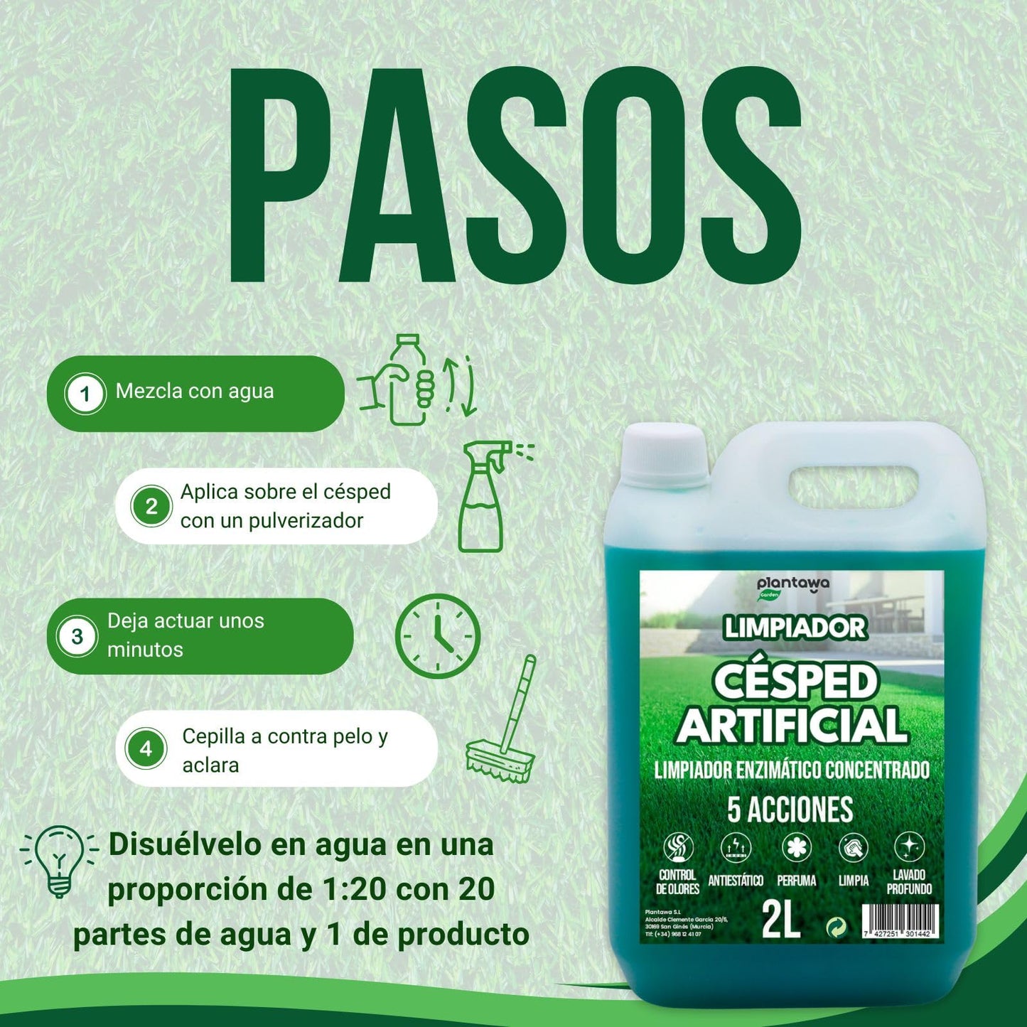 PLANTAWA Limpiador Césped Artificial 2L | Limpia Césped Artificial y Setos | Aroma Fresco y Limpieza Profunda | Multiacción: Control de Olores, Antiestático, Perfume Duradero