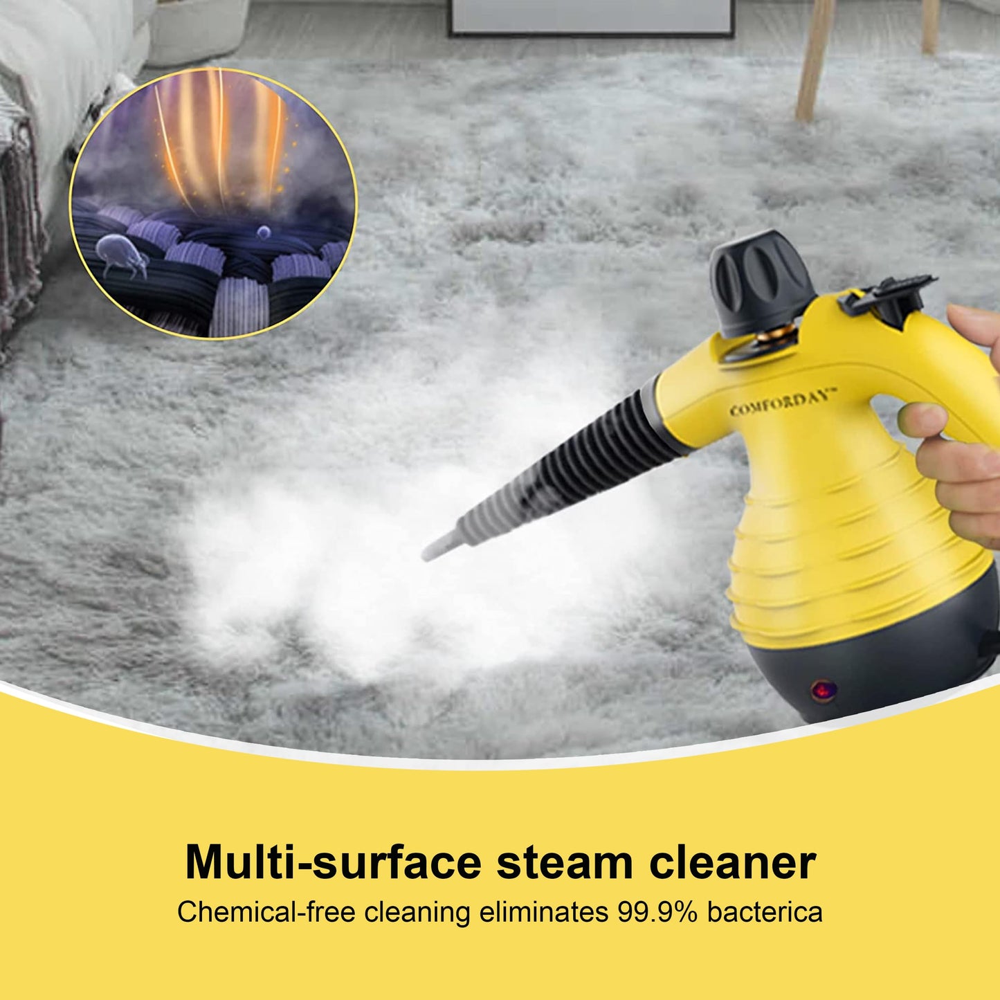 COMFORDAY Limpiador de Vapor de Mano, Limpiador de Vapores Portátil de Usos Múltiples con 9 Accesorios para Quitar Manchas, Alfombras, Cortinas, Asientos de Auto, Cocina, Chinches, Piso, Baño