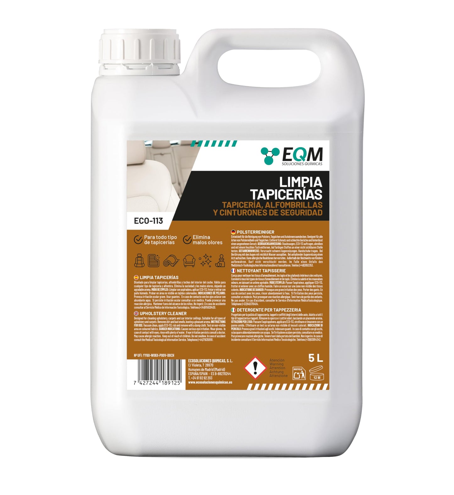 EQM - ECO-113 - Limpia Tapicerías Coche Profesional - 5L - Tela, Cuero y Alcantara - Elimina Manchas y Malos olores - Ideal para alfombras, tapicerías, moquetas, Cinturones de Seguridad