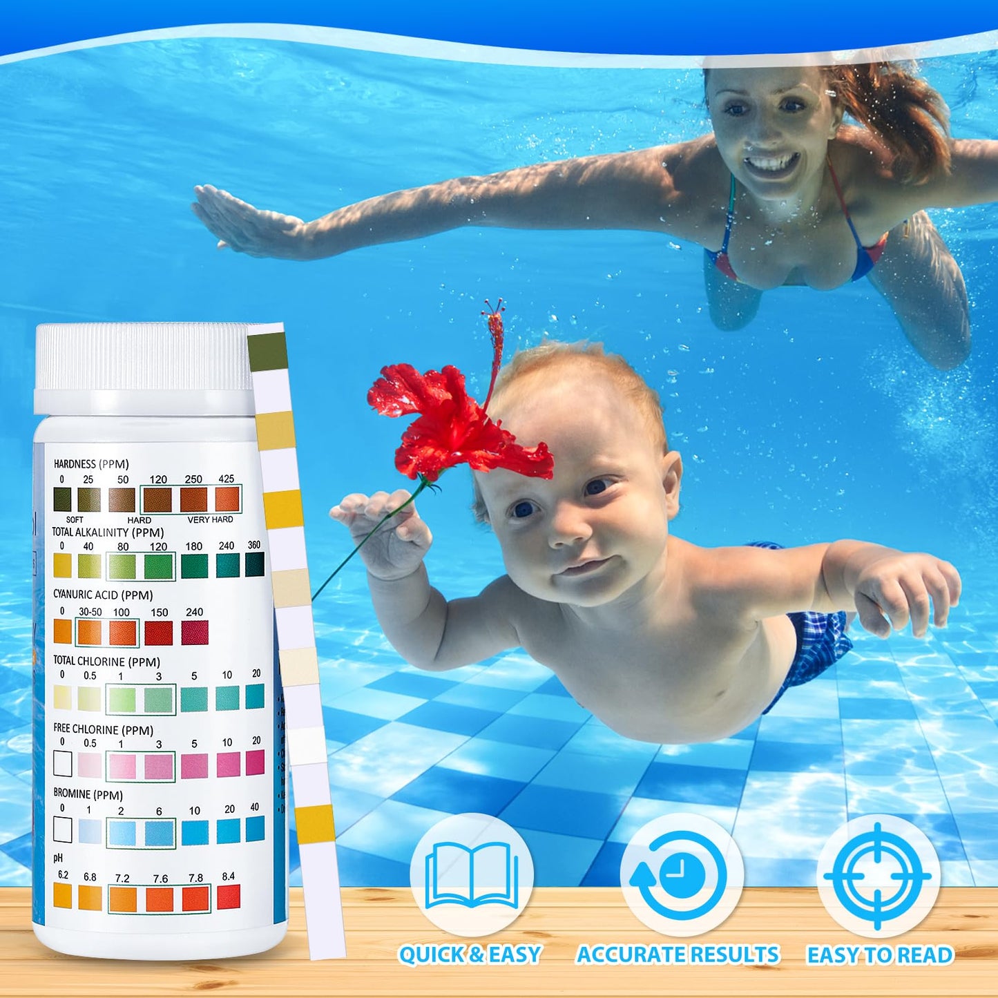 Accevo 7 en 1 Tiras de Prueba para Piscina y Spa, Kit de Prueba para 100 Piscinas, Tiras de Prueba para pH, Cloro Total, Alcalinidad Total, Dureza, Cloro Libre, Bromo, Acido Cianurico