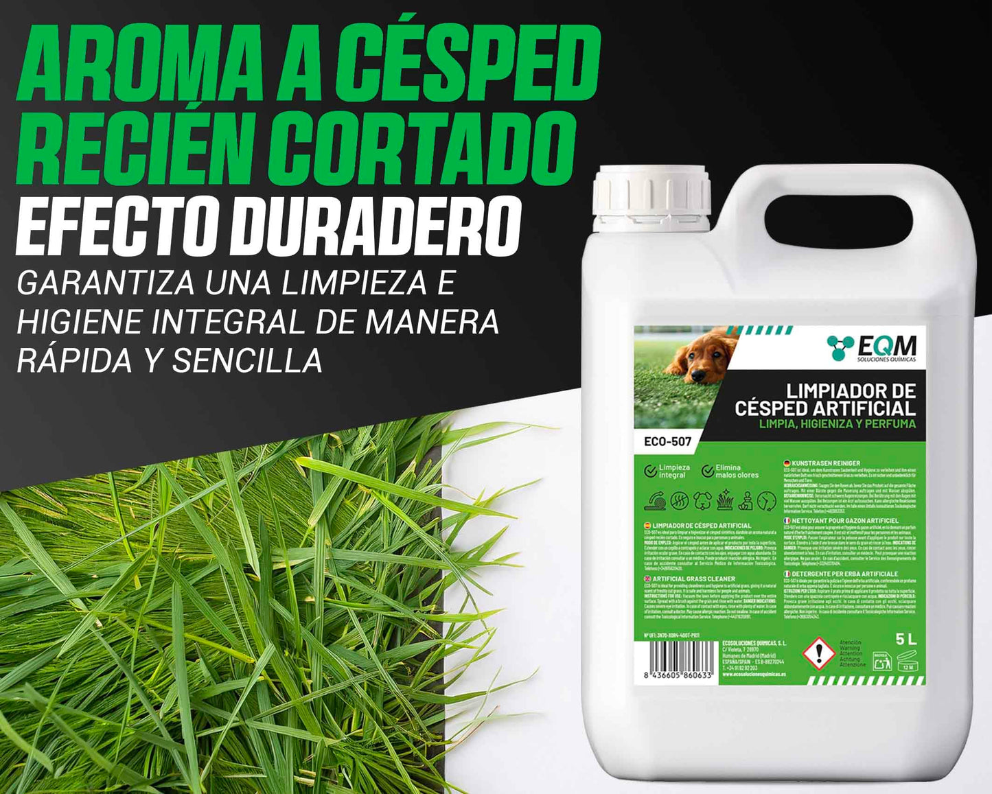 EQM - ECO-507 - Limpiador e Higienizante de Césped Artificial - 5L - Limpia, Higieniza y Perfuma - Formato ahorro, larga duración - No tóxico
