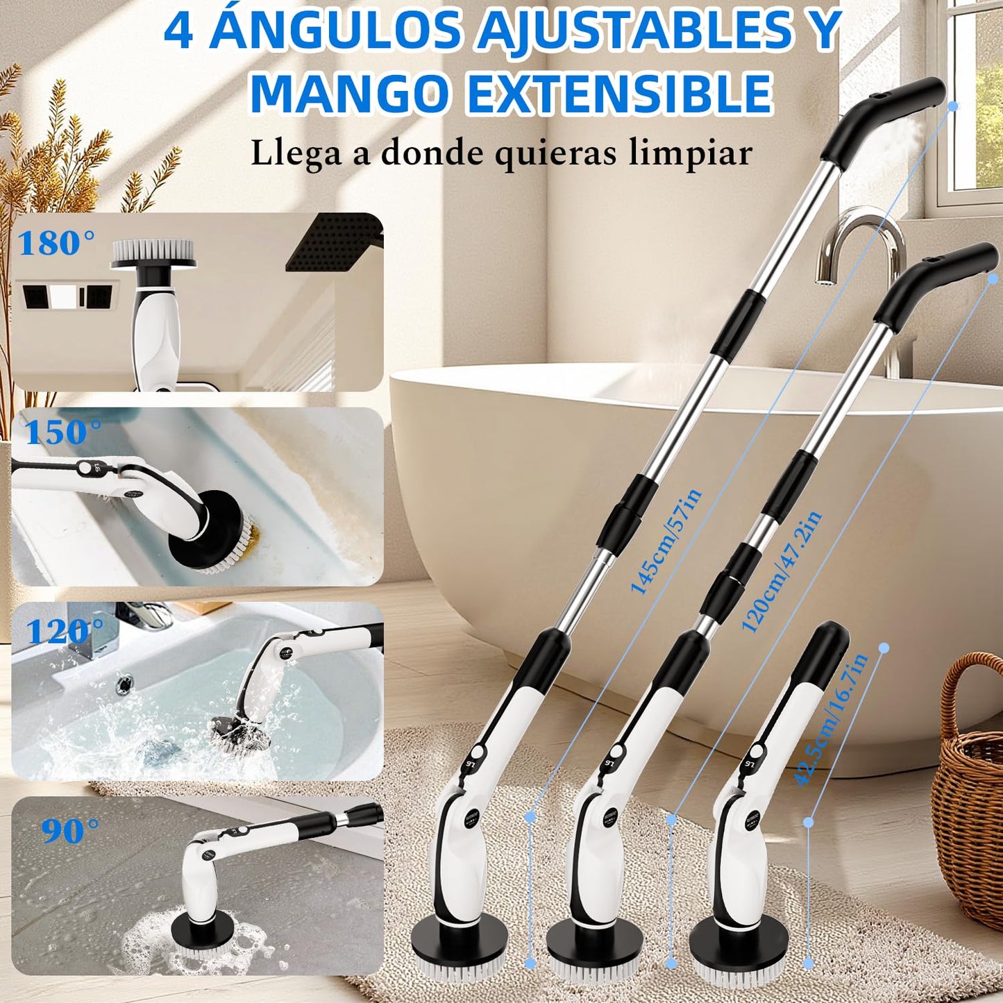 Cepillo Electrico Limpieza Hogar, Cepillo Limpieza Hogar con 4 Ángulos Ajustables, 7 Cabezales de Cepillo, 3 Opciones de Longitud, 90 Minutos de Autonomía, 2 Modos de Velocidad, para Baño, Suelo