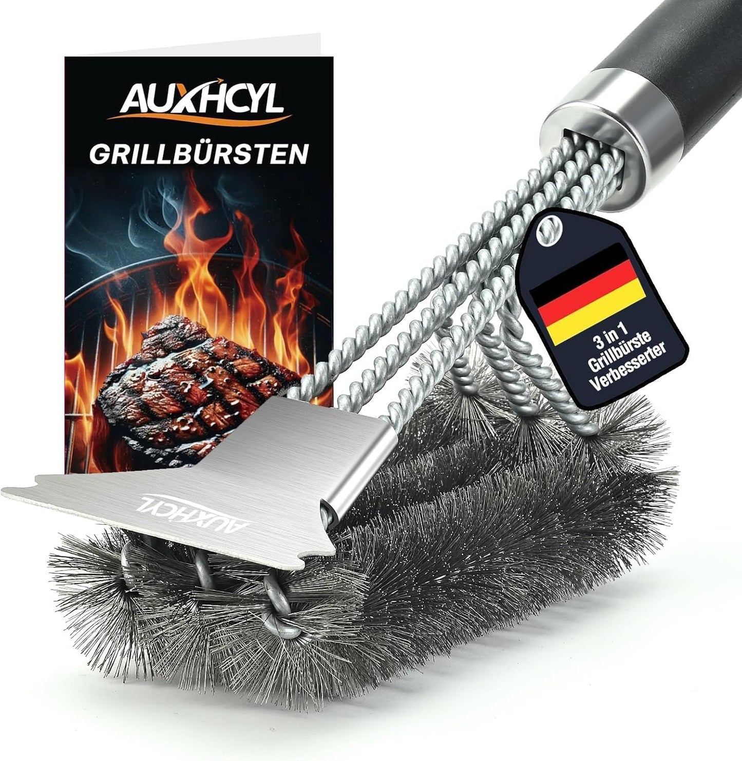 AUXHCYL Cepillo Barbacoa Inoxidable, 3-in-1 Cepillo para Parrilla con Raspador, 45.5cm Largo PP Aislamiento Térmico Mango Cepillo Barbacoa de Limpieza para Parrilla de Gas y Parrilla de Carbón
