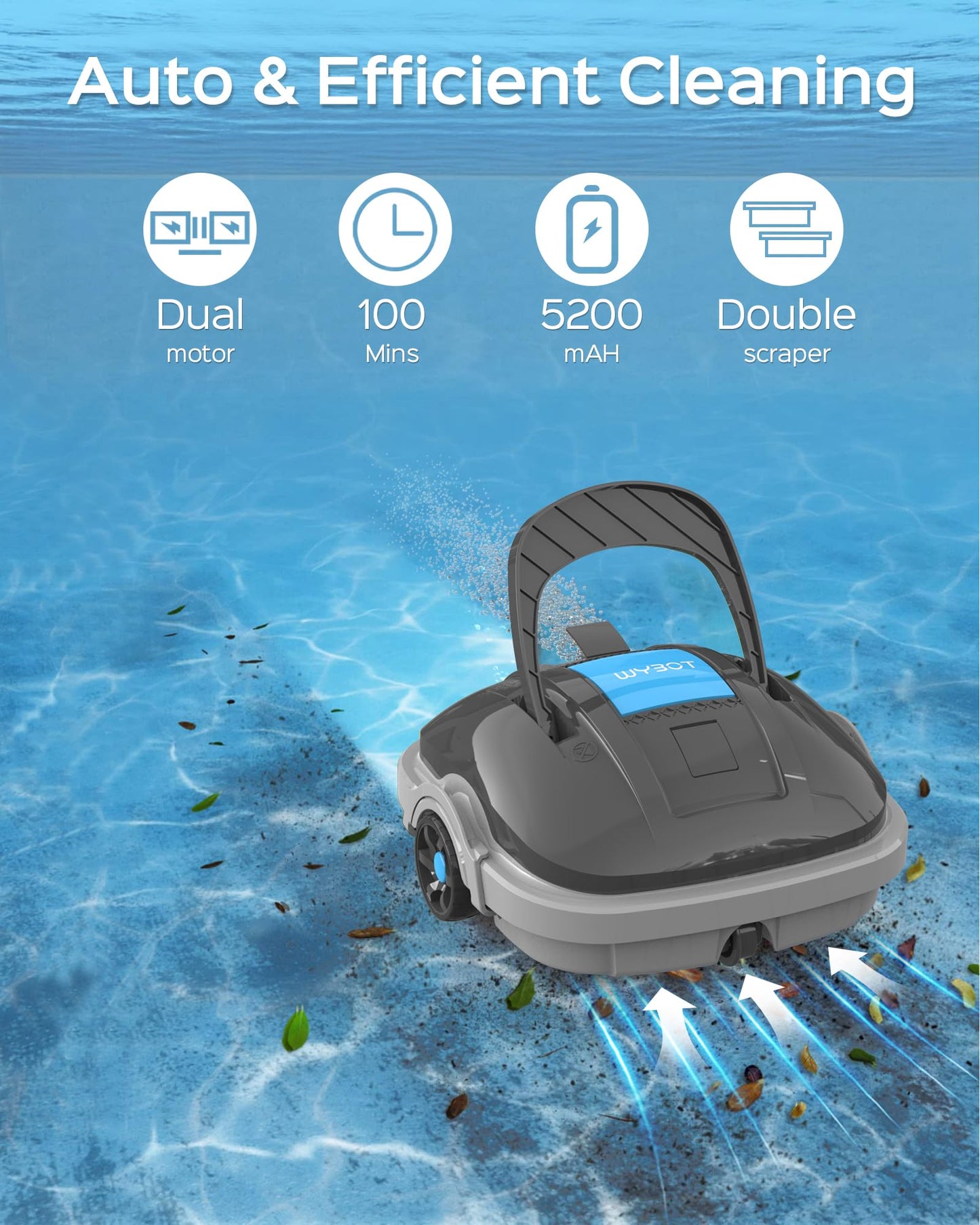 WYBOT Robot Limpiafondos Piscina Electrico, 100 Mins Estacionamiento Automático, Sin Cable Robot Limpiafondos Piscina con Motores de Doble Tracción para Aspirador Piscinas de hasta 80m² Gris Oscuro