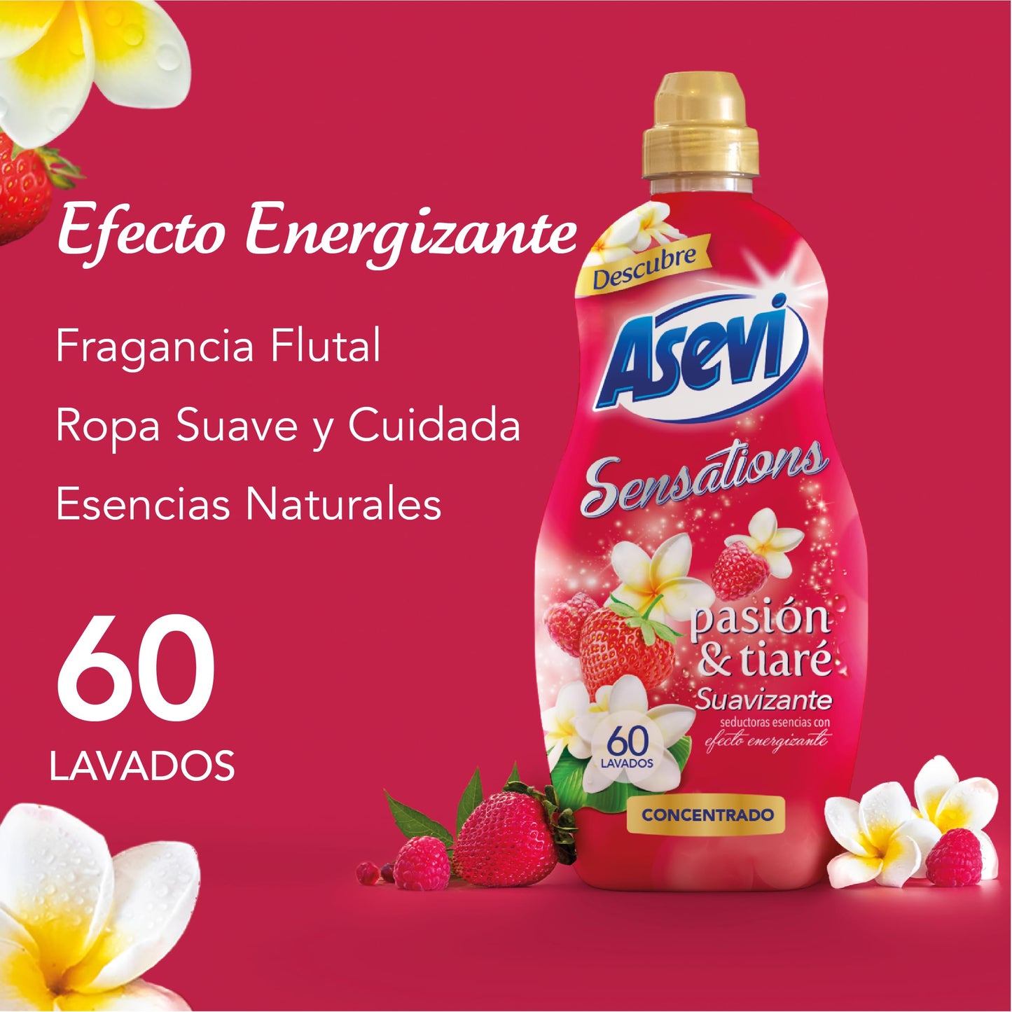Asevi Suavizante para Ropa Sensations Pasión & Tiaré - Suavizante Concentrado para Lavadora con Fragancia Energizante - Esencias Naturales - Suavidad Duradera para Todo Tipo de Tejidos - 60 Lavados