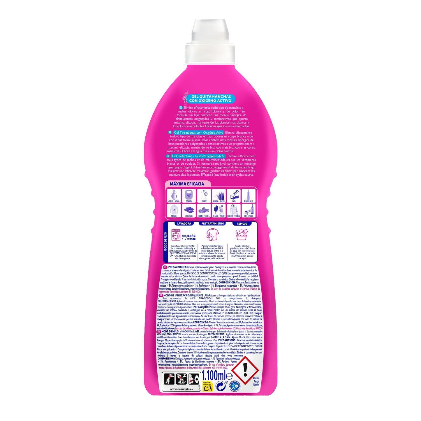 Asevi Quitamanchas Oxy Gel - Quitamanchas con Oxígeno Activo - Ropa Blanca y Color - Blancos Luminosos - Colores Brillantes - Protege las Fibras - Sin Lejía - Aroma a Limpio - Envase de 1100 ml