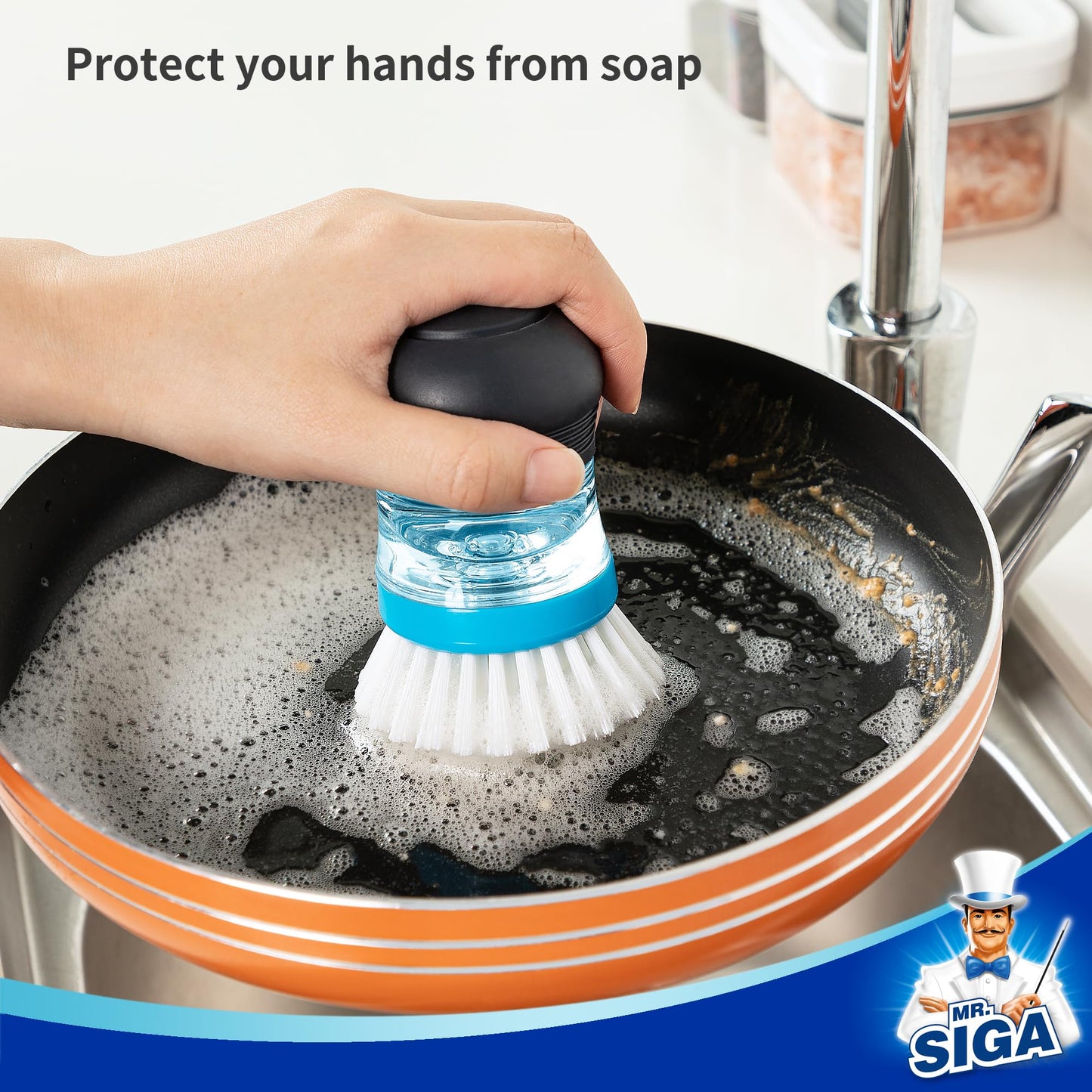 MR.SIGA Cepillo de Palma dispensador de jabón, Cepillo de Cocina para la Limpieza de fregaderos, Pack de 1, Azul Marino/Azul