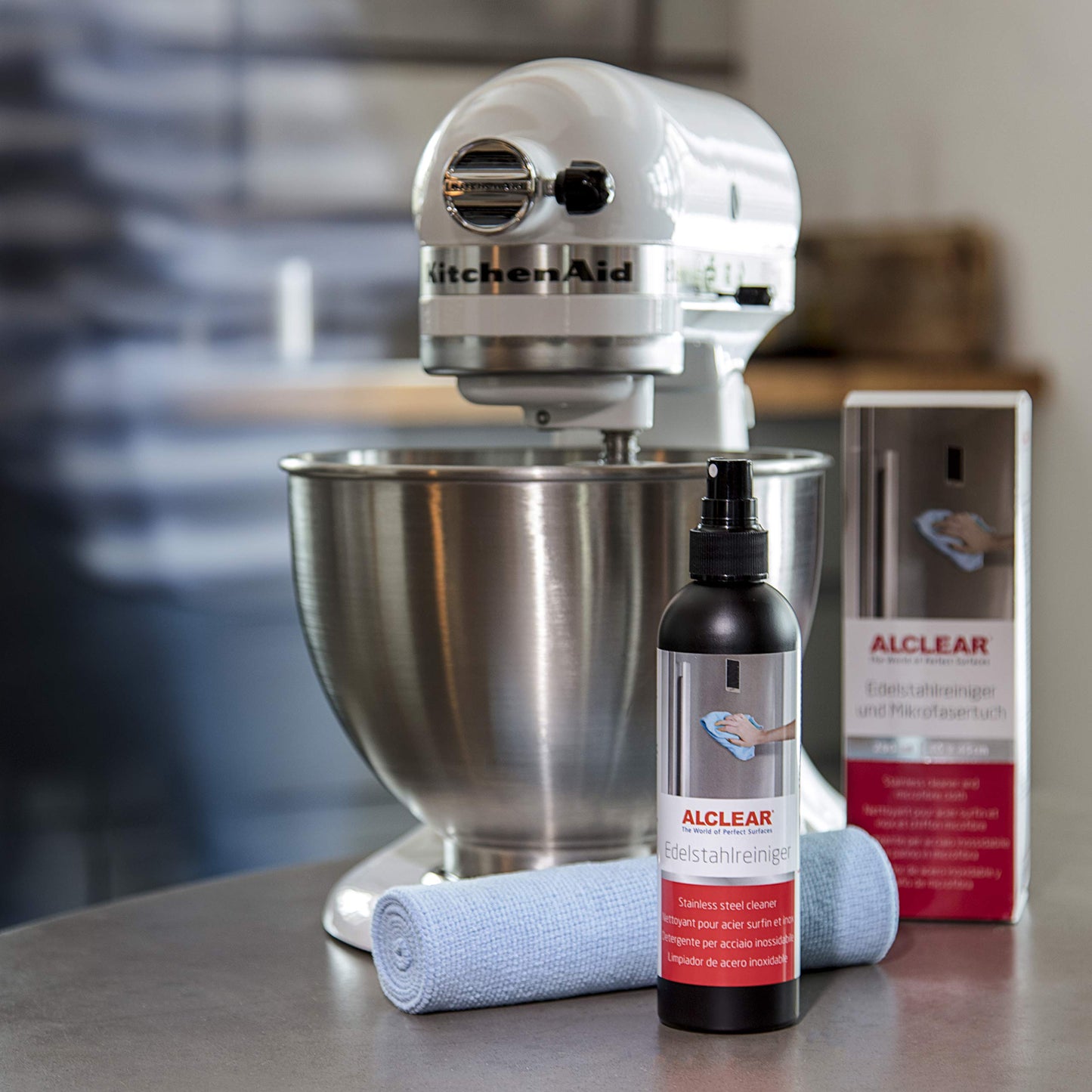 ALCLEAR 721ER - Limpiador profesional de acero inoxidable de 250 ml y paño de microfibra, limpia sin rayas, contra la suciedad, las huellas dactilares y la grasa