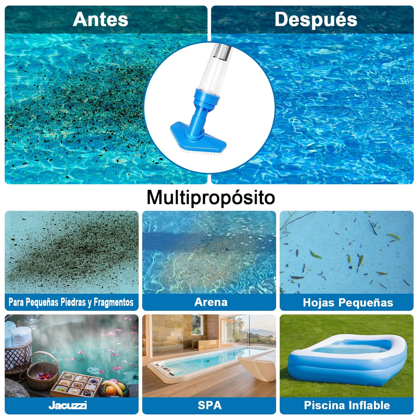 PoolyPoly 3 en 1 Limpiafondos de Piscina a Bateria, Aspirador de Piscina Inalámbrica con Mango Telescópico, Aspiradora Manual para SPA, Piccola Piscina Pequeñas, 90 Minutos Limpieza, Azul