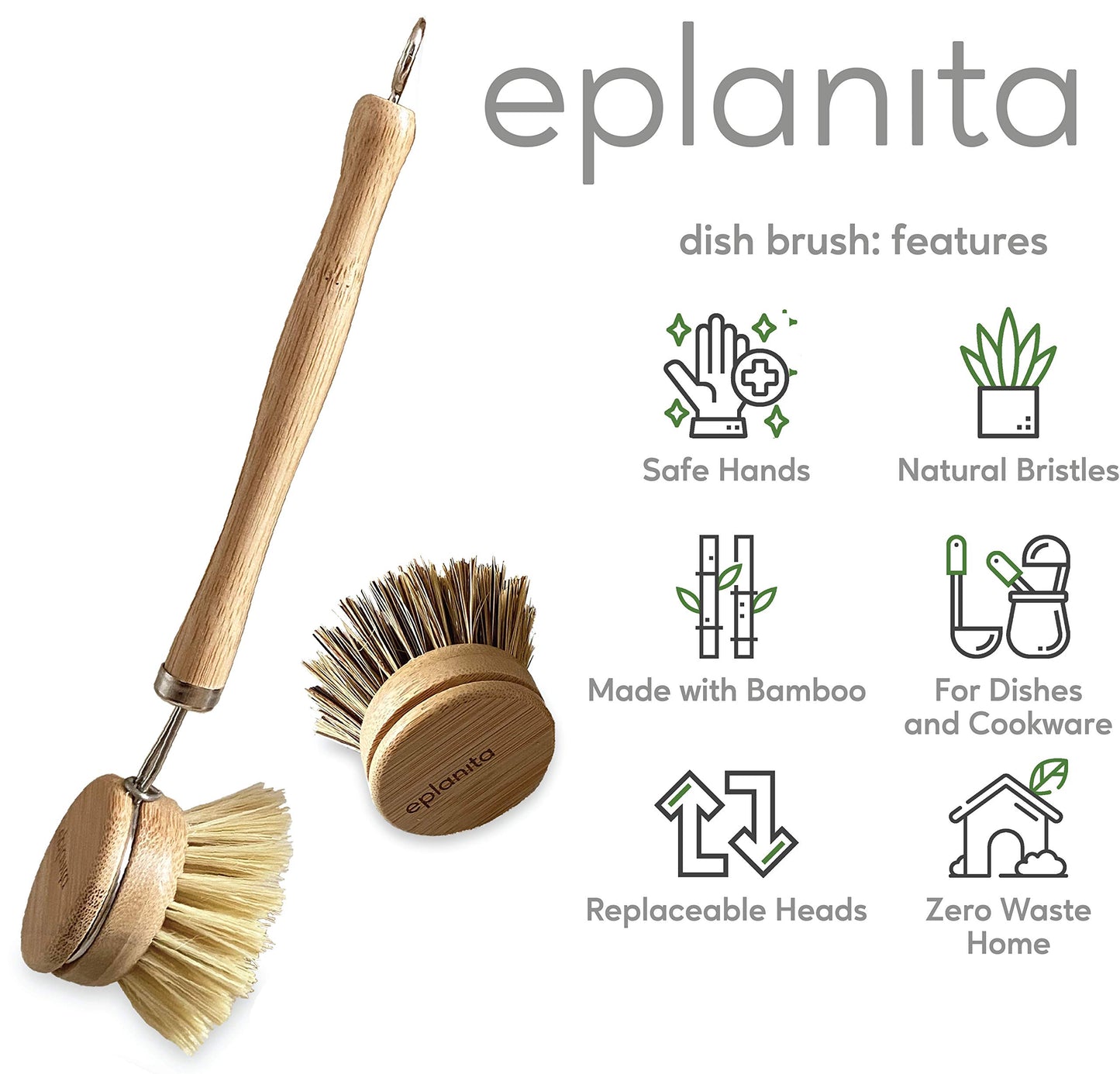 eplanita Cepillo de Vajilla Natural, 3 Cabezales de Recambio, Cepillos de Cocina de Bambú Ecológico, Esponja Vegetal Extra, Lavado sin Plástico, Limpieza Cero Residuos