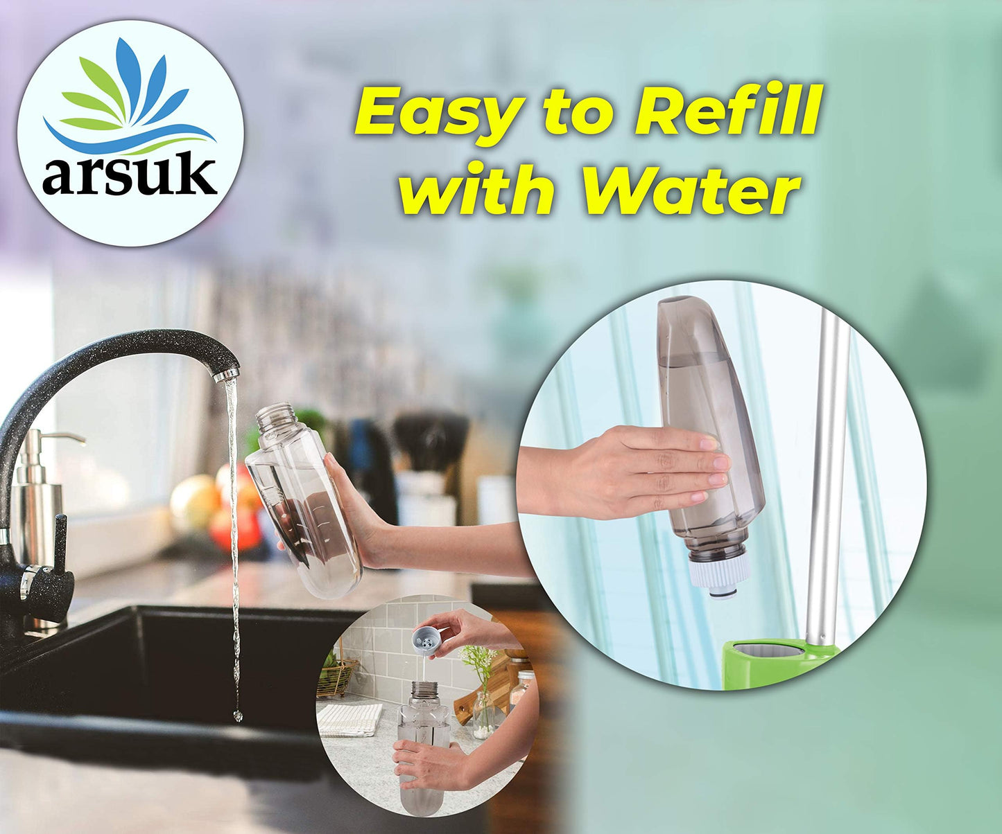 ARSUK Mopa con Pulverizador, Mopa Fregona para Suelos con Botellas Recargables de 600ml y 2 Almohadillas de Repuesto – para el Cocina, Azulejos, Madera Dura, Laminados