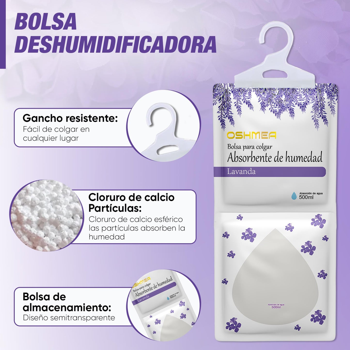 OSHMEA® Pack 10 Bolsas Antihumedad PREMIUM 230g Función 2 en 1 Deshumidificador Armarios y Ambientador de Lavanda | Bolsas Deshumidificadoras Percha Colgante | Elimina Humedad en Ropa, Armarios, Baños