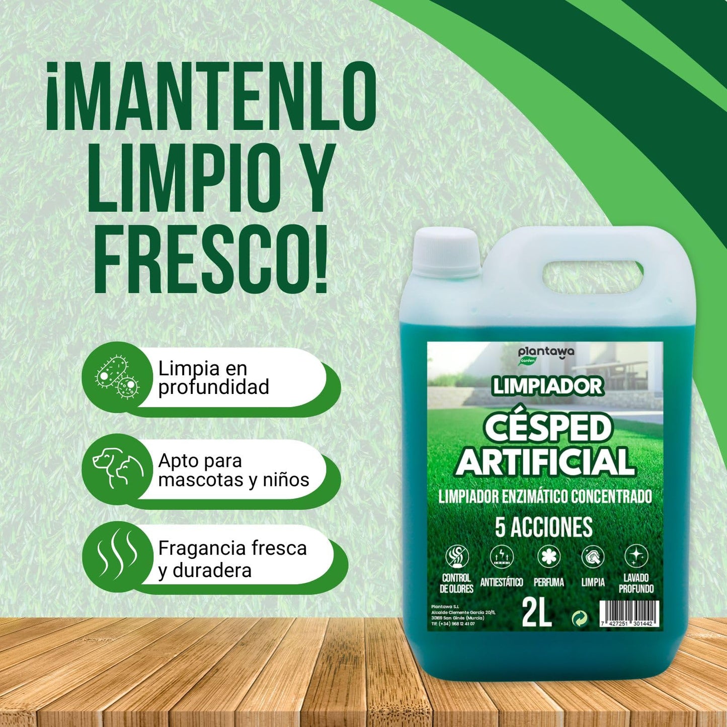 PLANTAWA Limpiador Césped Artificial 2L | Limpia Césped Artificial y Setos | Aroma Fresco y Limpieza Profunda | Multiacción: Control de Olores, Antiestático, Perfume Duradero