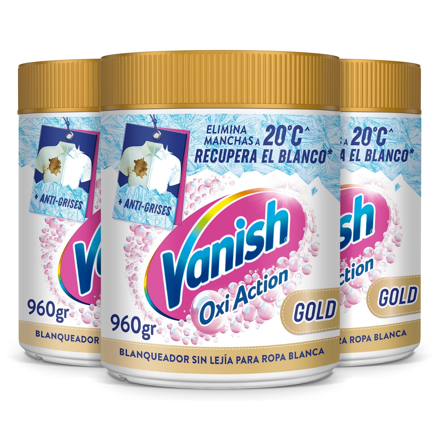 Vanish Oxi Action Gold - Quitamanchas multibeneficio, blanqueador y potenciador del lavado, para ropa blanca, En Polvo, Sin Lejía 2,88kg (3x 960g)