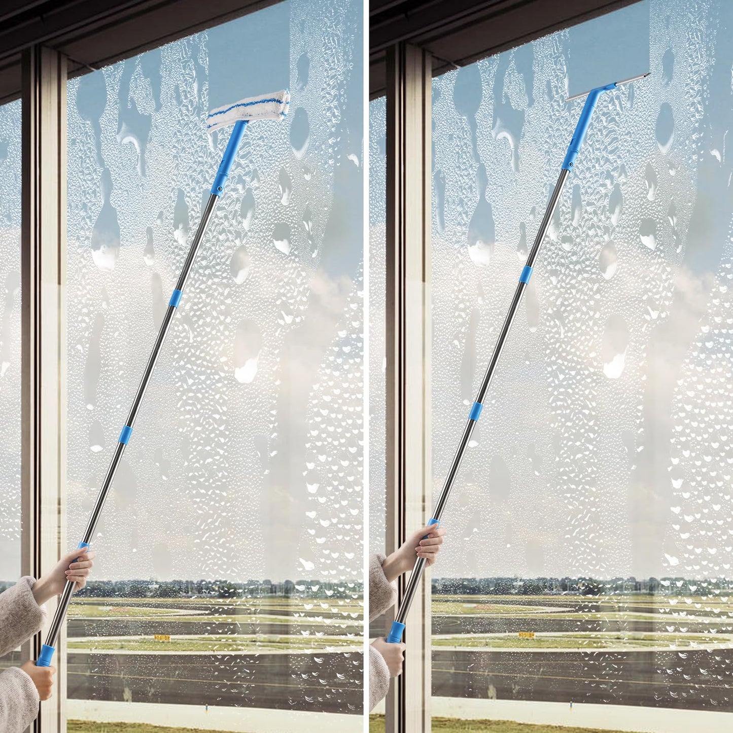 Mitclear Limpiacristales con Mango Extensible(146cm), Limpiador de Ventanas con Escobilla de Silicona & Paños de Microfibra, Kit Limpiacristales Profesional para Ducha Cristal Espejo Puerta Coche