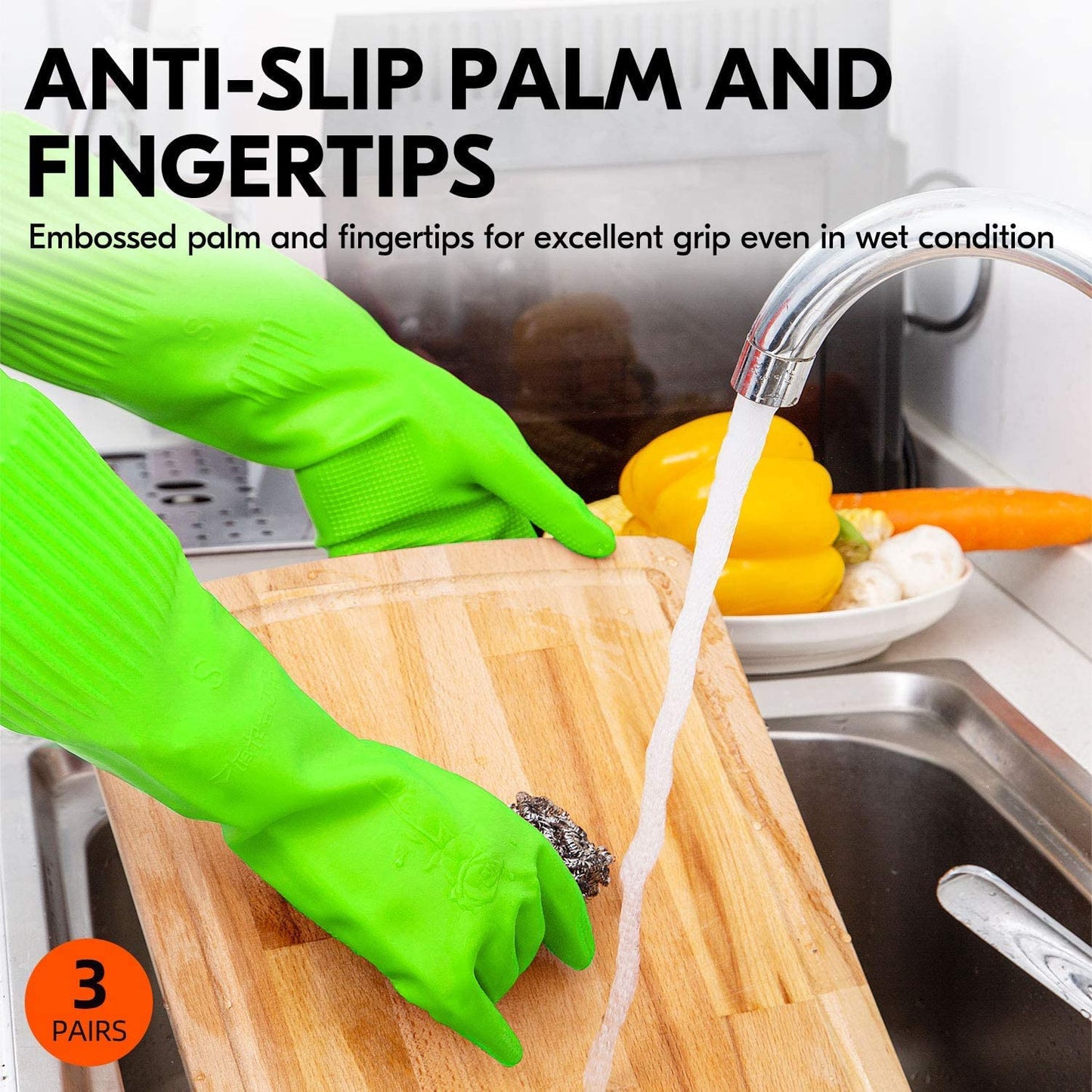 Vgo... 3 pares de guantes de limpieza para el hogar, guantes de goma para lavar los platos, extra gruesos, mangas largas (RB2143)