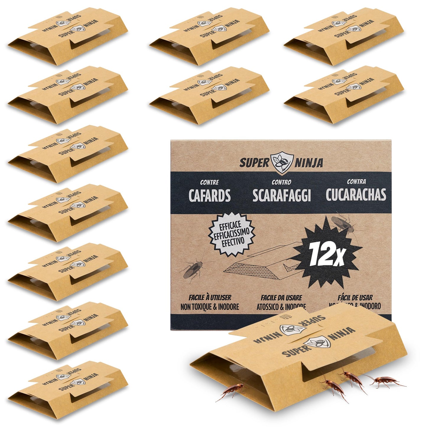 Super Ninja trampas para cucarachas - 12 trampas - trampas para cucarachas Altamente efectivas y ecológicas - fáciles de Usar - hasta 3 Meses por Trampa.