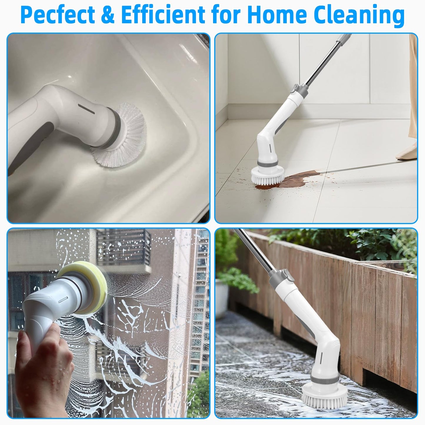 SOBEAU Cepillo De Limpieza Electric, Electrico Limpieza Hogar con 9 Cabezales de Cepillo de Repuesto, Cepillo Limpieza Electrico Mango Ajustable 2 Velocidades para Baño, Coche, Cocina,Suelo