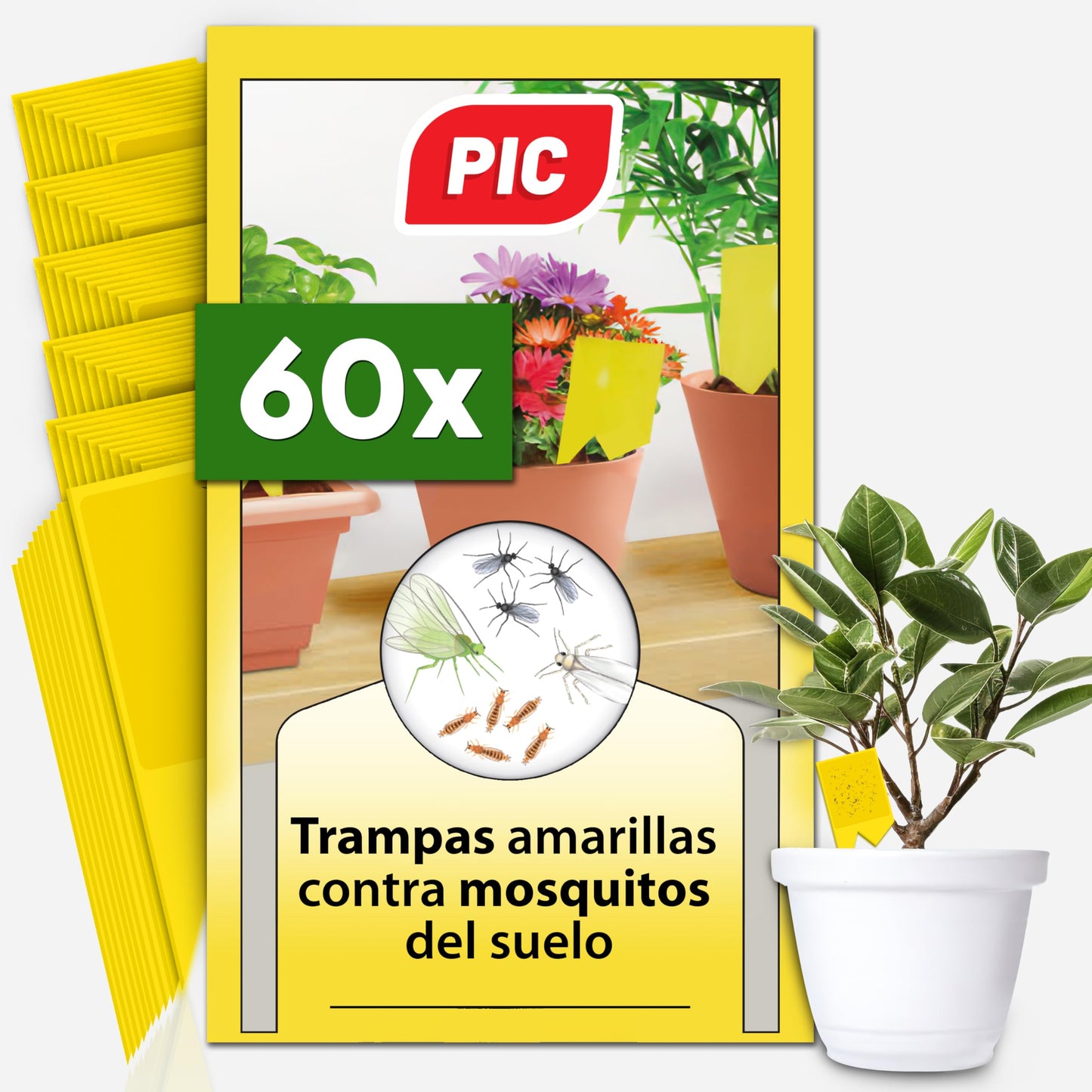 PIC Trampas Cromaticas Amarillas contra para Mosquito del Mantillo - 60x Pegatinas Trampas para Mosquitos, Eficaz Trampa Mosquitos No Tóxica, Ideal para Plantas De Interior contra Moscas pequeños