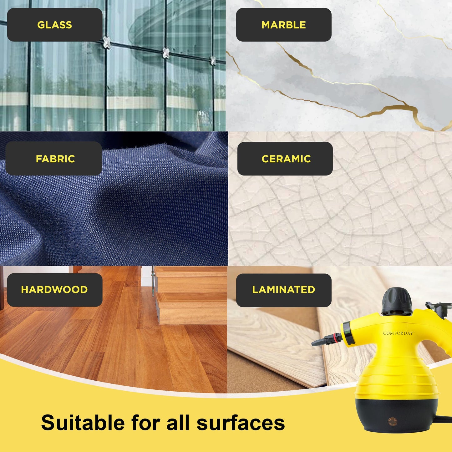 COMFORDAY Limpiador de Vapor de Mano, Limpiador de Vapores Portátil de Usos Múltiples con 9 Accesorios para Quitar Manchas, Alfombras, Cortinas, Asientos de Auto, Cocina, Chinches, Piso, Baño