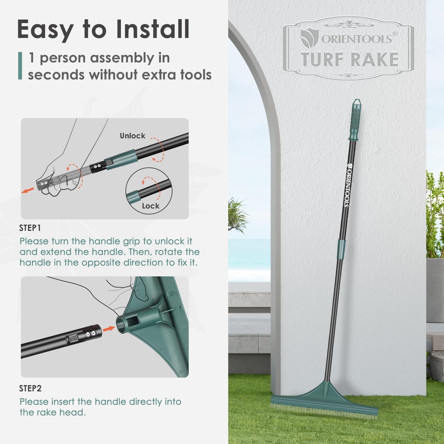 ORIENTOOLS Rastrillo de Césped Artificial con Mango de Acero Ajustable 80-132 cm Cepillo de Césped Artificial con Cabezal de Plástico con Cepillo PA Escoba de Césped para Jardín