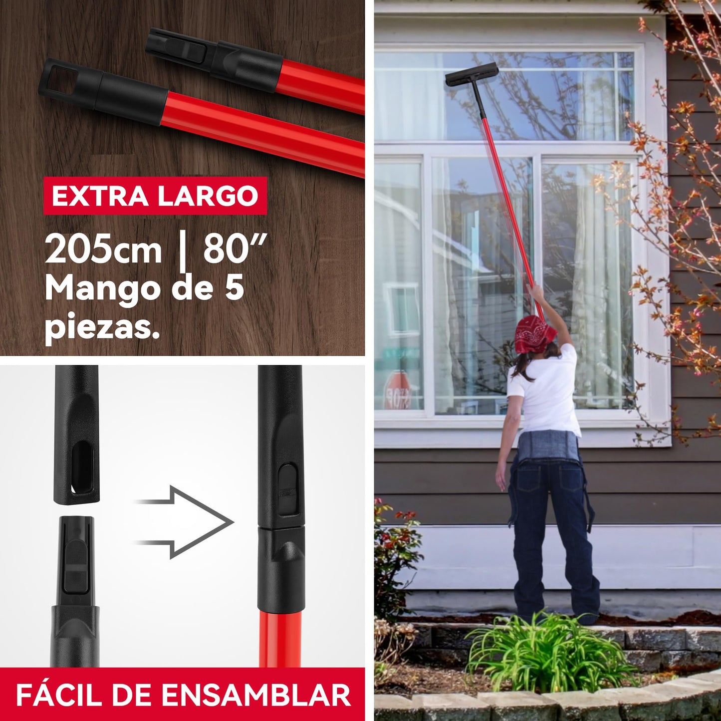 Tyroler Rasqueta Limpiacristales Telescópico Profesional para Ventanas | 30 a 205 cm Palo Limpia Cristales Extensible para Ventanas | Kit de Escobilla Limpiador de Cristales 2 en 1